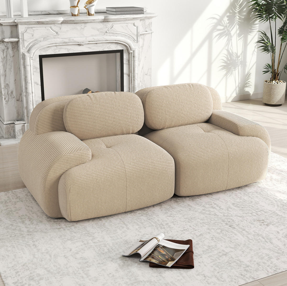 MODULÁRNÍ rohová pohovka béžová z manšestru s bezrámovým designem - béžová, textil (103/75/208cm) - OKWISH