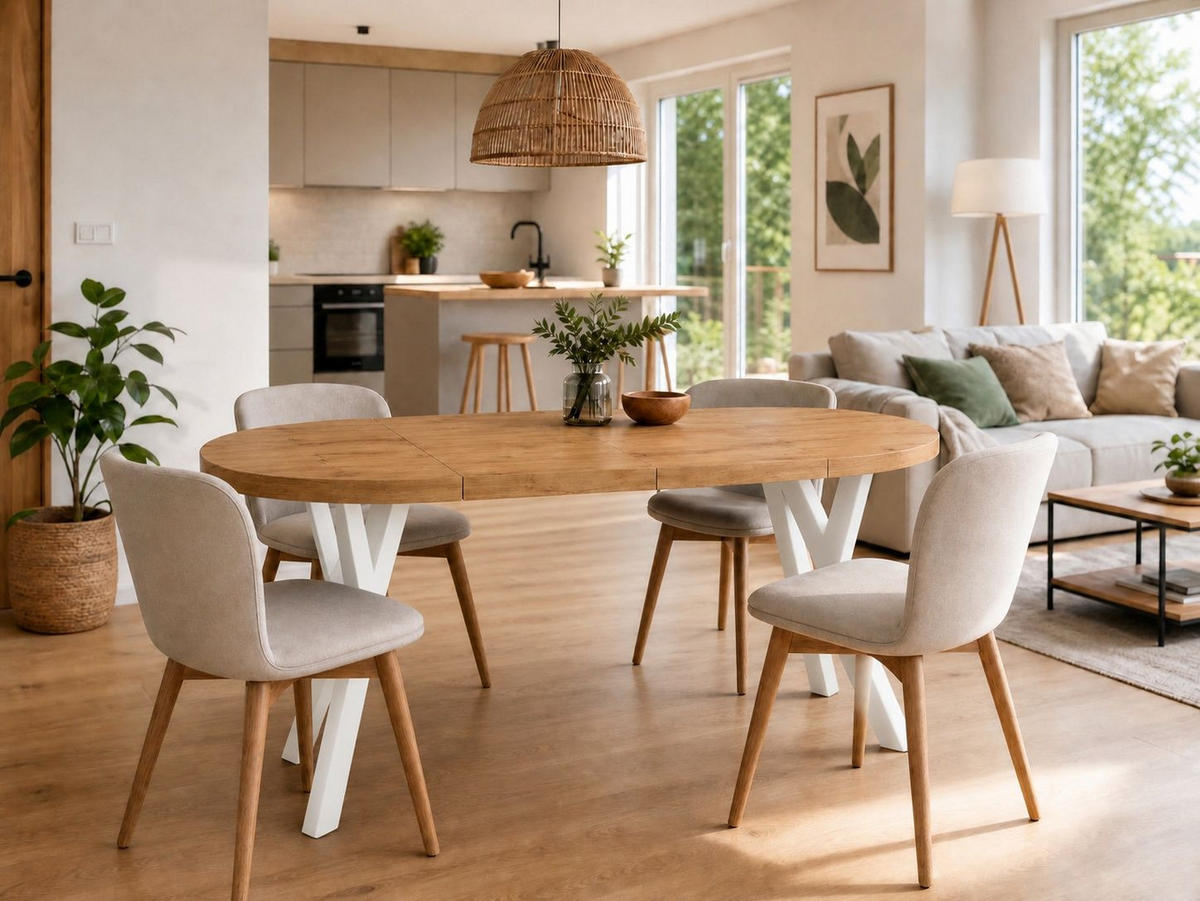 ESSTISCH ausziehbar rund ATO, 100-140 cm, Dekor Craft, weiße Holzbeine - Weiß/Braun, Holzwerkstoff/Buchenholz (100/100/77cm) - VENASI MÖBEL