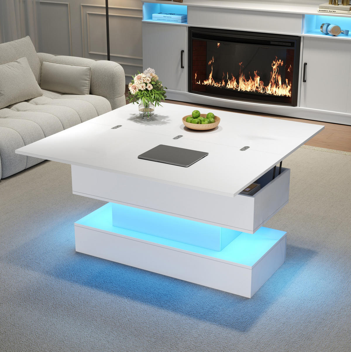 COUCHTISCH mit Hubfunktion 100 x 50 cm Weiß mit Stauraum und Steckdose - Weiß, Holzwerkstoff (100/50/51.5cm) - Meubliv