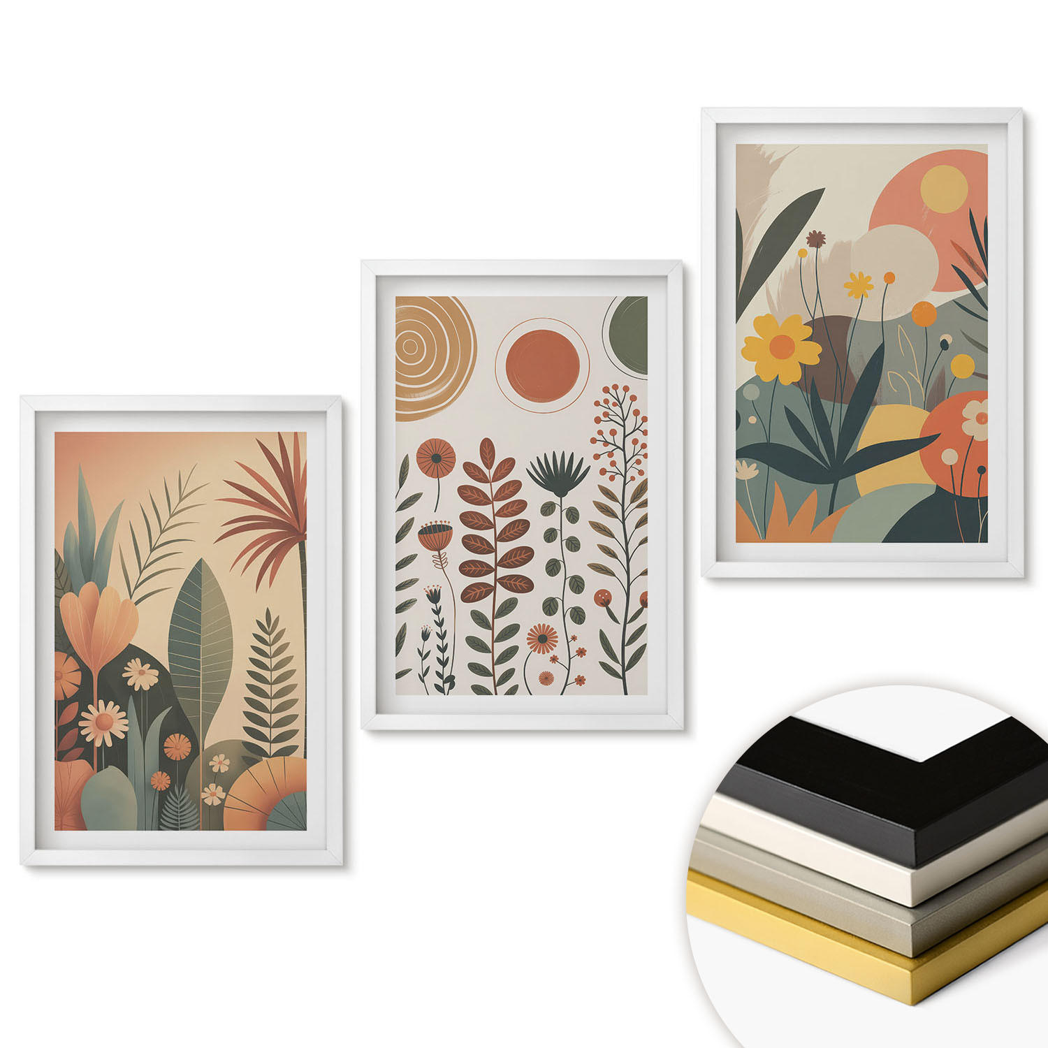 WANDBILDER 3er-Set - 40x60 cm Weißer Rahmen - Boho-Pflanzenmuster Natur - Weiß, Kunststoff (40/60cm) - ArtPrintCave