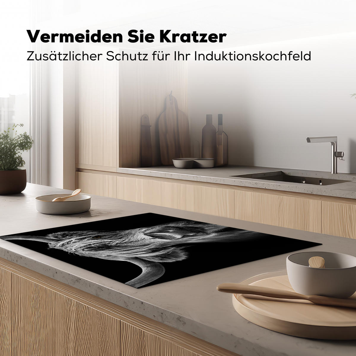 HERDABDECKPLATTE Schottischer Highlander - Hörner - Schwarz - Weiß - Kuh - Wild - Tiere Induktionsmatte 77x59 cm - Schwarz, Kunststoff (77/59/0.2cm) - MuchoWow