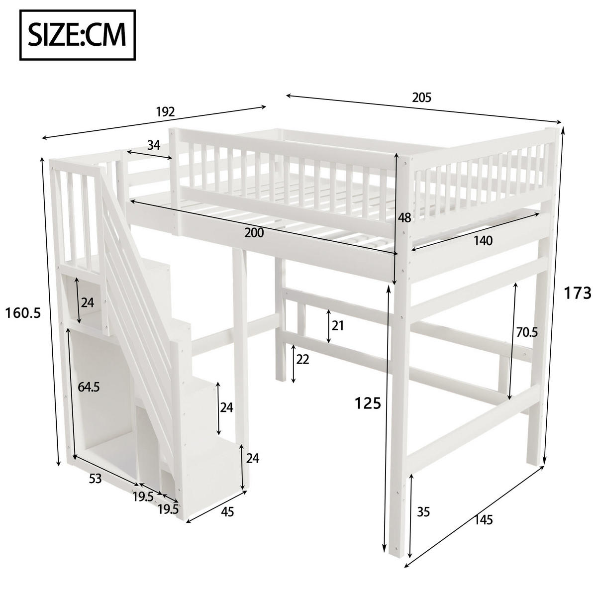 HOCHBETT aus Massivholz 140x200 cm in Weiß mit Aufbewahrungstreppe - Weiß, Holz (140/200cm) - Modfu