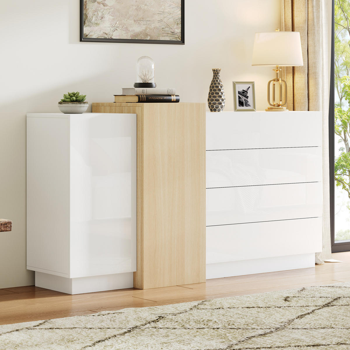 SIDEBOARD 140/35/76,5 cm in Weiß Hochglanz mit 4 Schubladen & 2 Türen - Weiß, Holzwerkstoff (140/76.5/35cm) - BEAOK