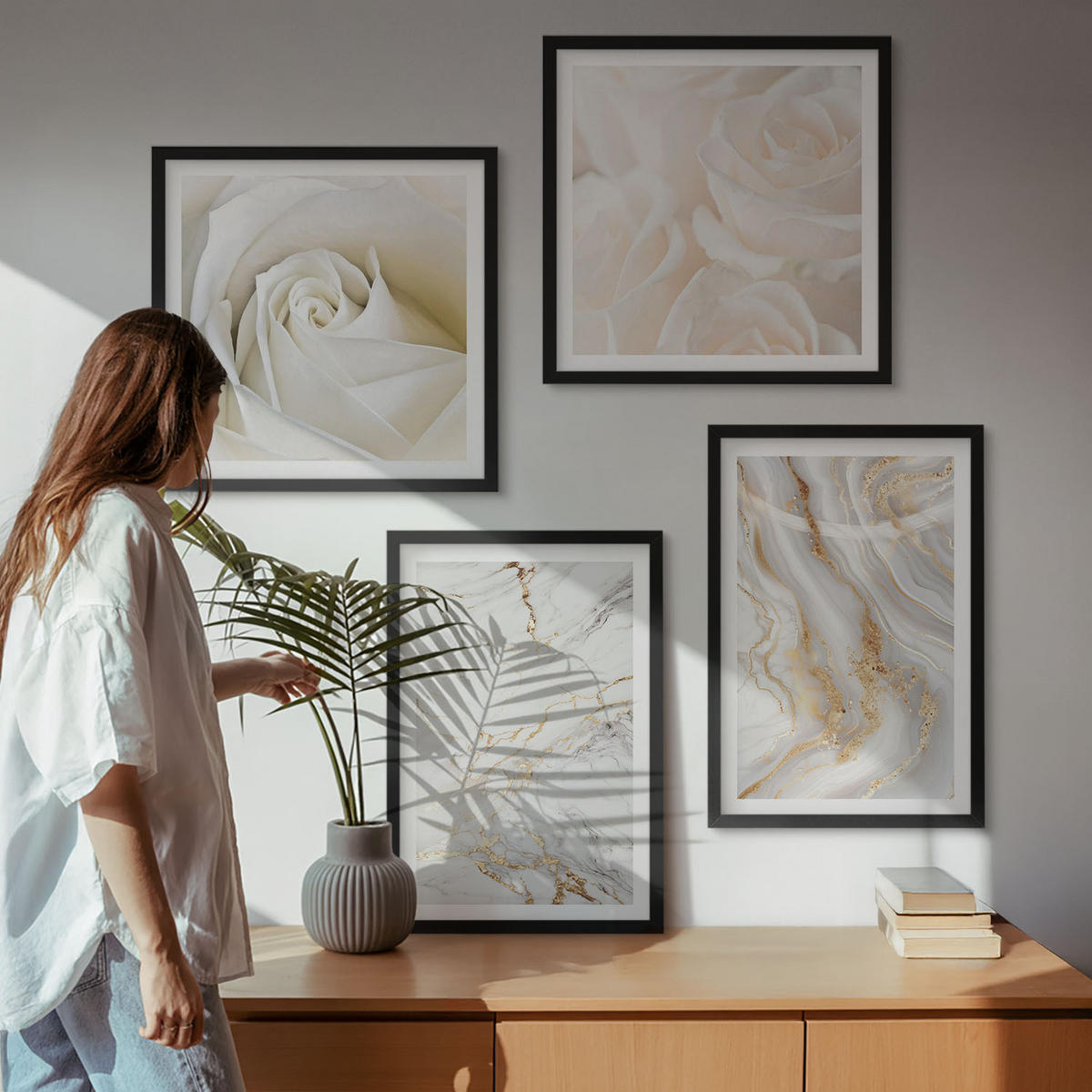 WANDBILDER 4er-Set - 50x50 cm & 40x60 cm Schwarzer Rahmen - Elegante Marmormuster - Schwarz, Kunststoff (50/50cm) - ArtPrintCave