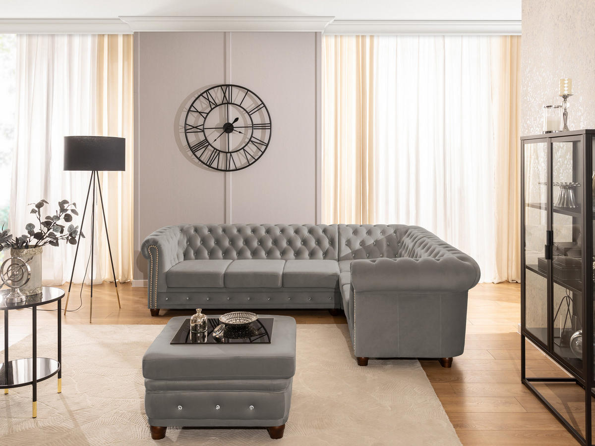 ECKSOFA Chesterfield Cleo Blink Grau Samt mit Kristallsteppung und braunen Massivholzfüßen - Ottomane Rechts - Braun/Grau, Holz/Textil (264/210cm) - S-Style Möbel