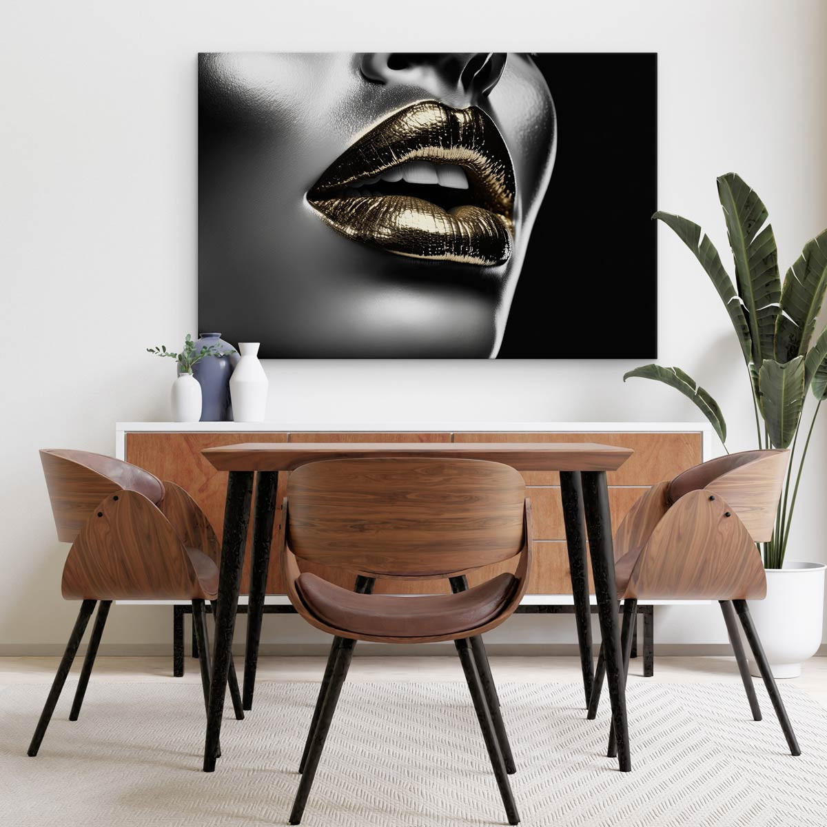 LEINWANDBILD Abstraktion Lippen Gesicht Glamour 120x80 - Beige/Schwarz, Textil (120/80cm) - Muralo