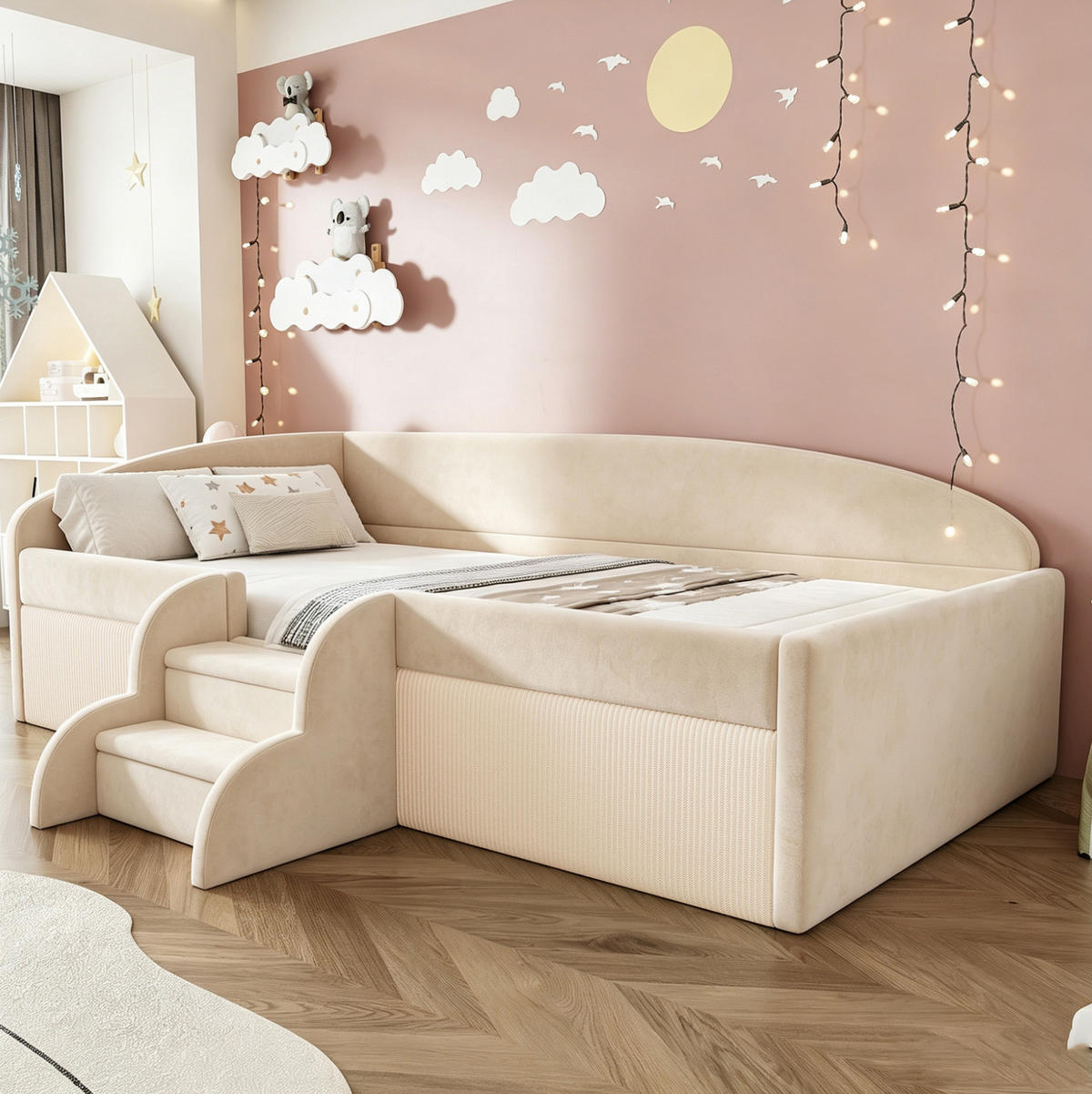 POLSTERBETT 90/190 cm aus Samt mit Stufen und Rausfallschutz, Beige - Beige, Textil (90/190cm) - OKMYHOME