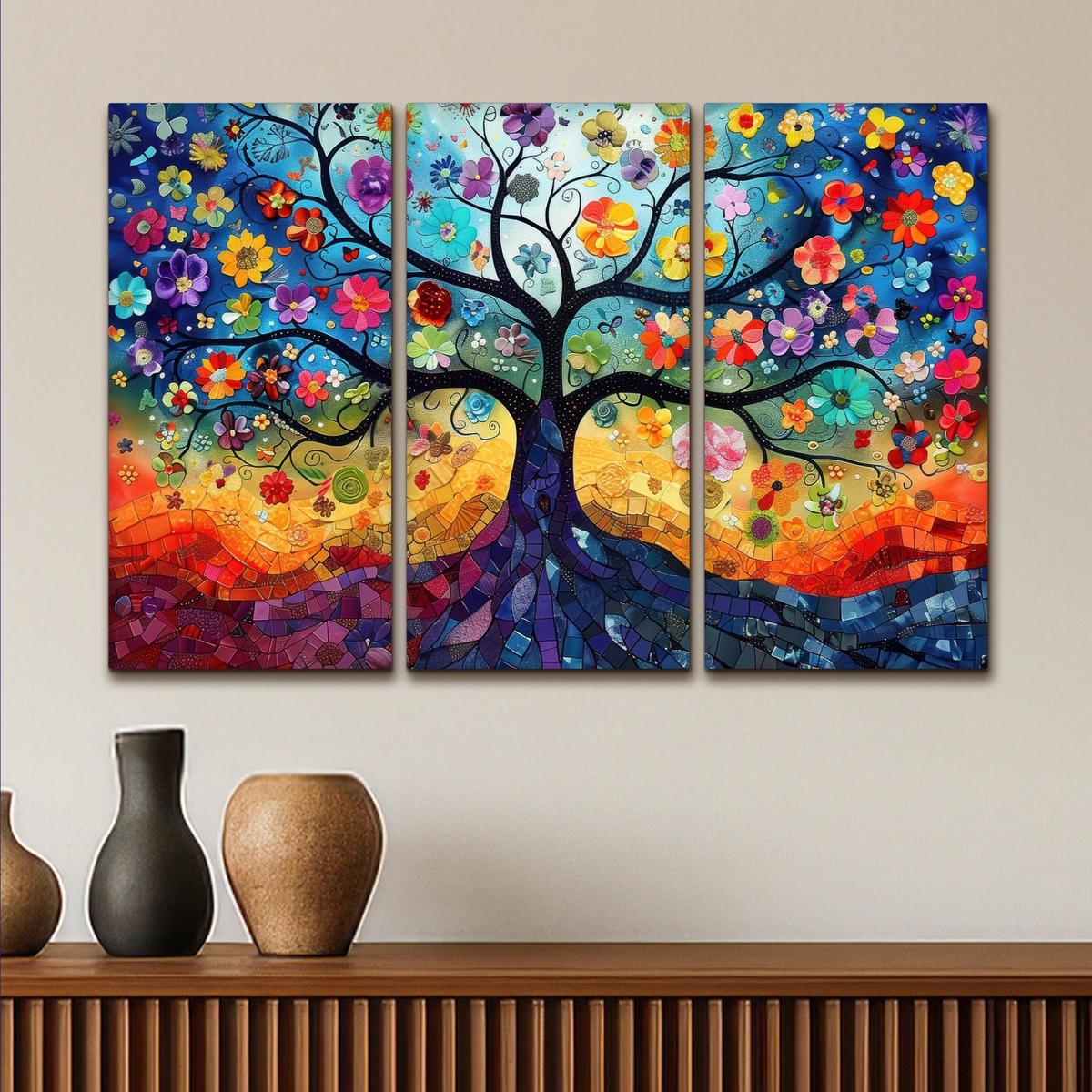 LEINWANDBILD 3er Set Bunt - Baum des Lebens - Blumen - Abstrakt 90x60 cm - Blau, Textil (90/60cm) - MuchoWow