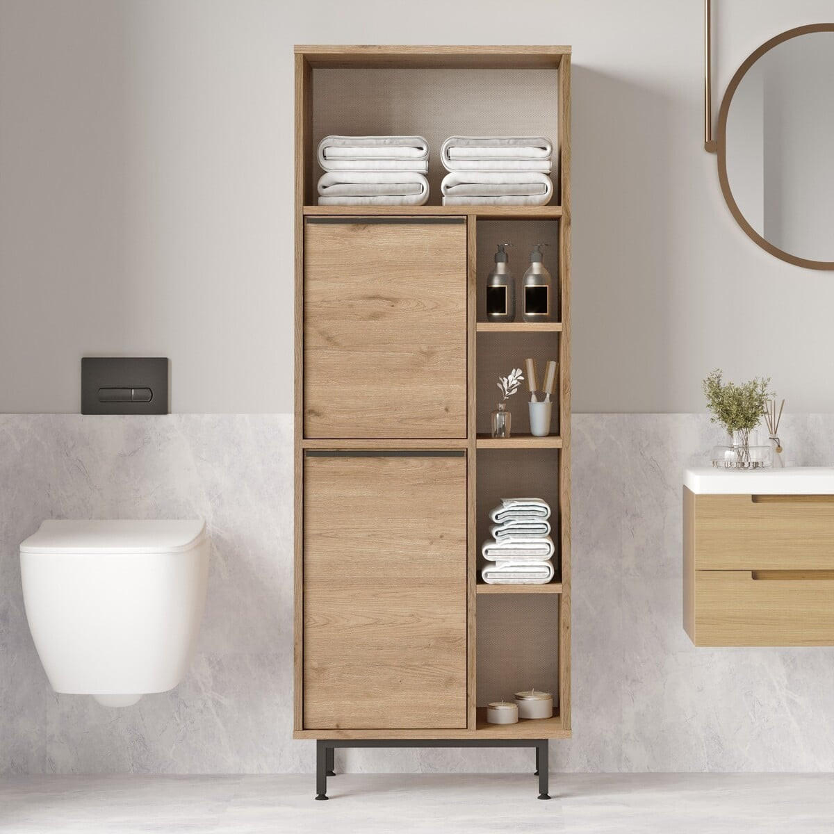 BADEZIMMERSCHRANK mit 2 türen und 5 fächern 35,5/161,6/60 cm - Eschefarben, Holzwerkstoff (60/161.6/35.5cm) - Calicosy