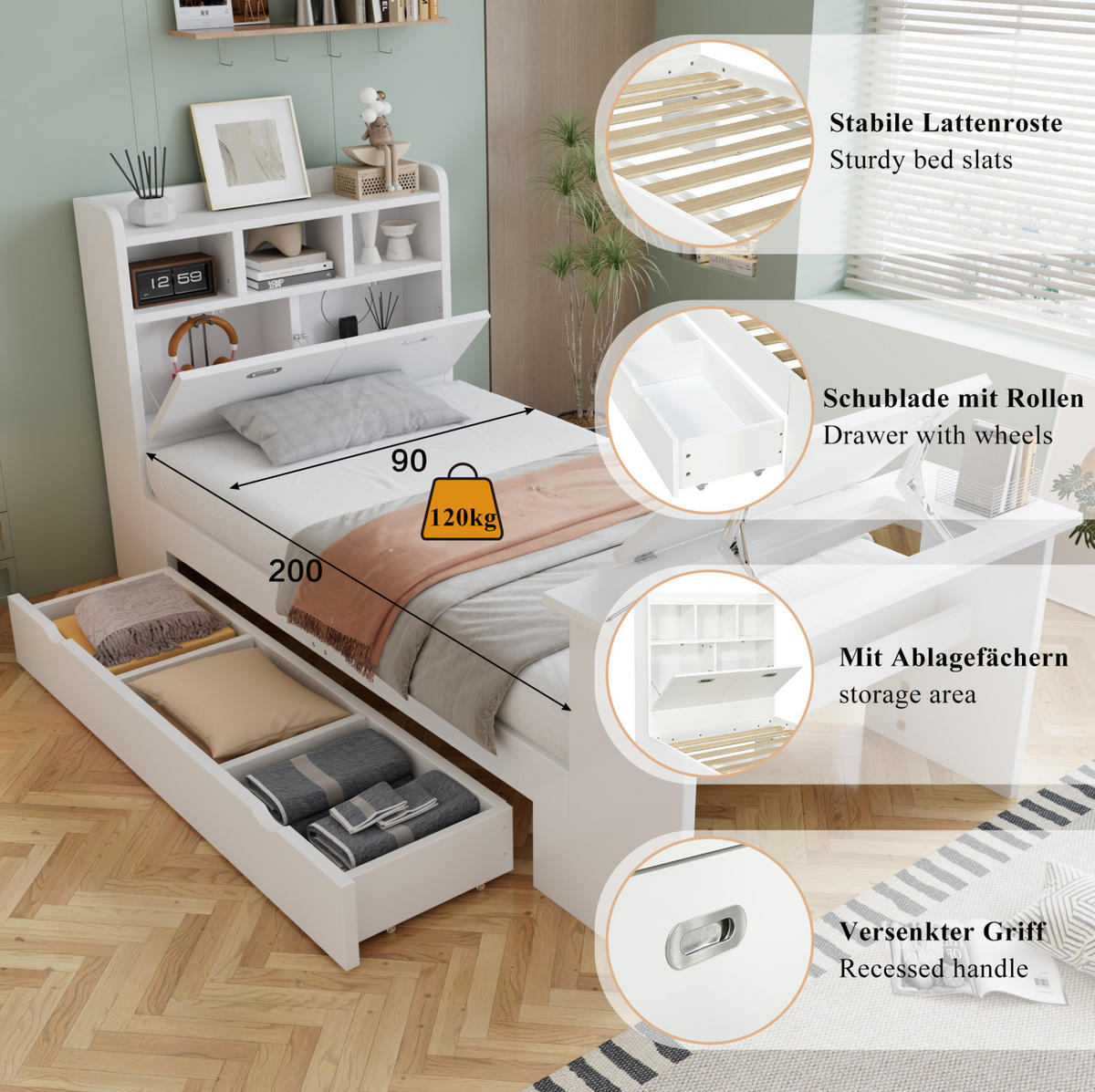 STAURAUMBETT 90/200 cm Weiß mit Klapptisch ohne Matratze - Weiß, Holz (90/200cm) - MIVRAY