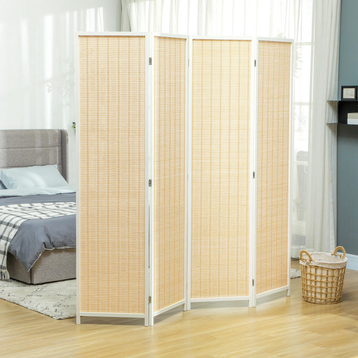 PARAVENT DE-14278 4-teilig, 180x180 cm, Faltbar Naturholz - Weiß, Naturmaterialen (180/180/1.7cm) - ComfortXL