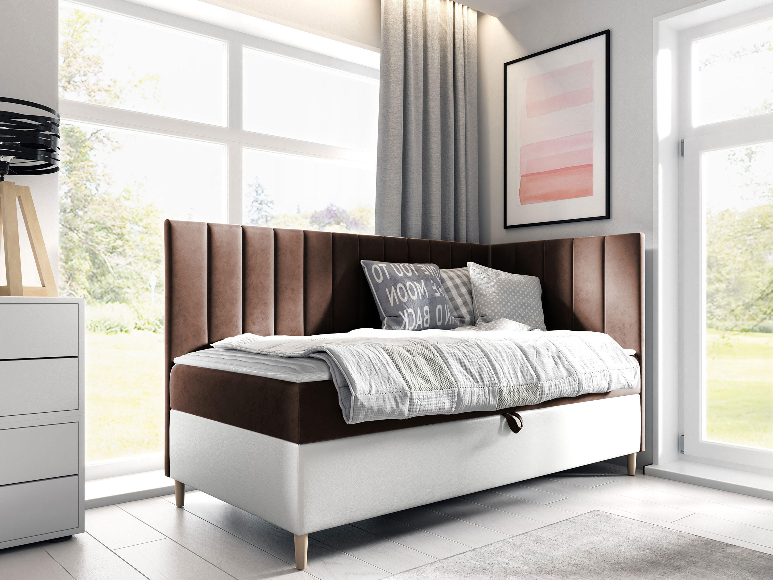 BOXBETT Maja Junior 3, Seite zum Öffnen des Bettkastens: Rechts - Weiß/Braun, Holz (100/200cm) - MIRJAN24