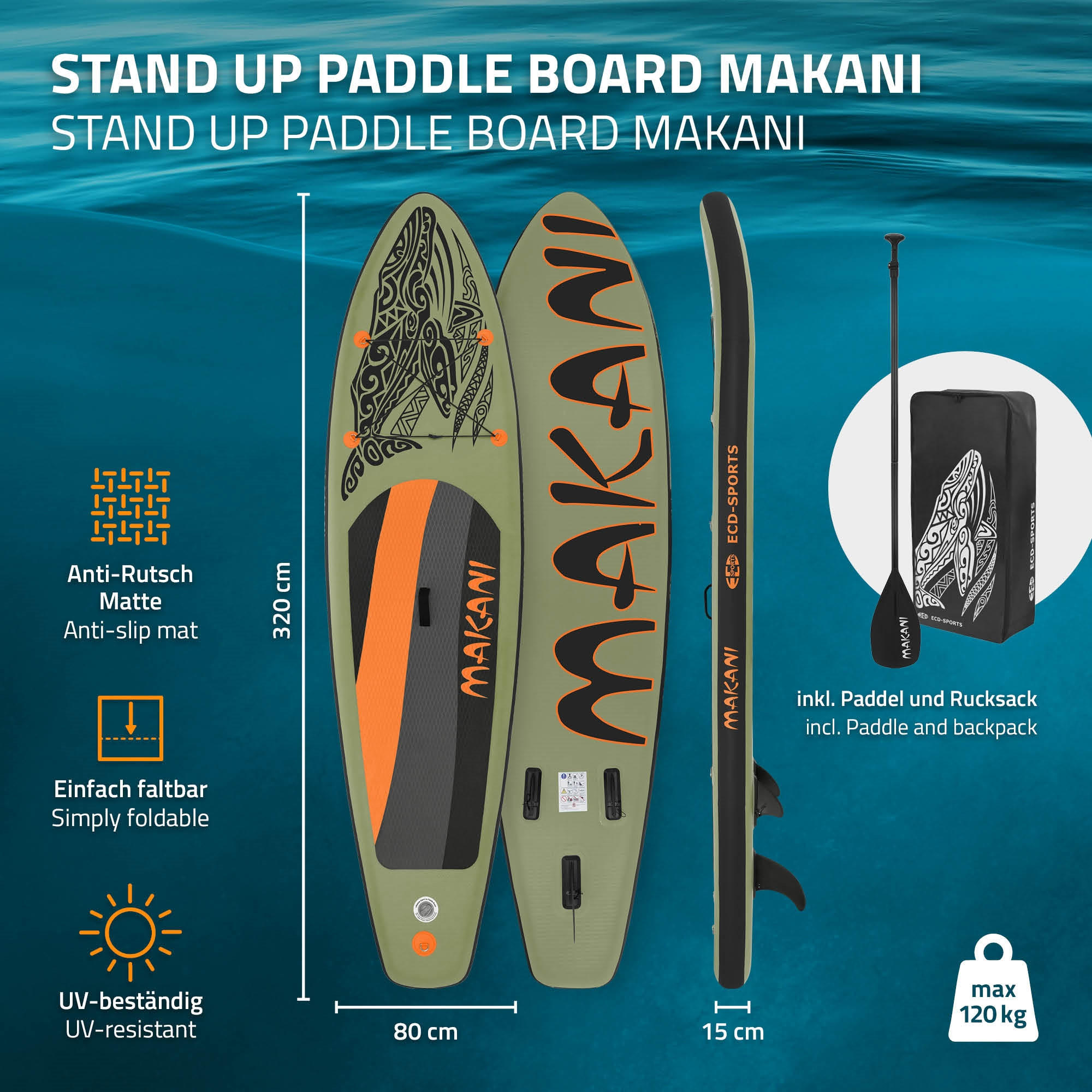 STAND UP PADDLE BOARD Makani Olive - Olivgrün, Kunststoff (320/80/15cm) - ECD-Germany