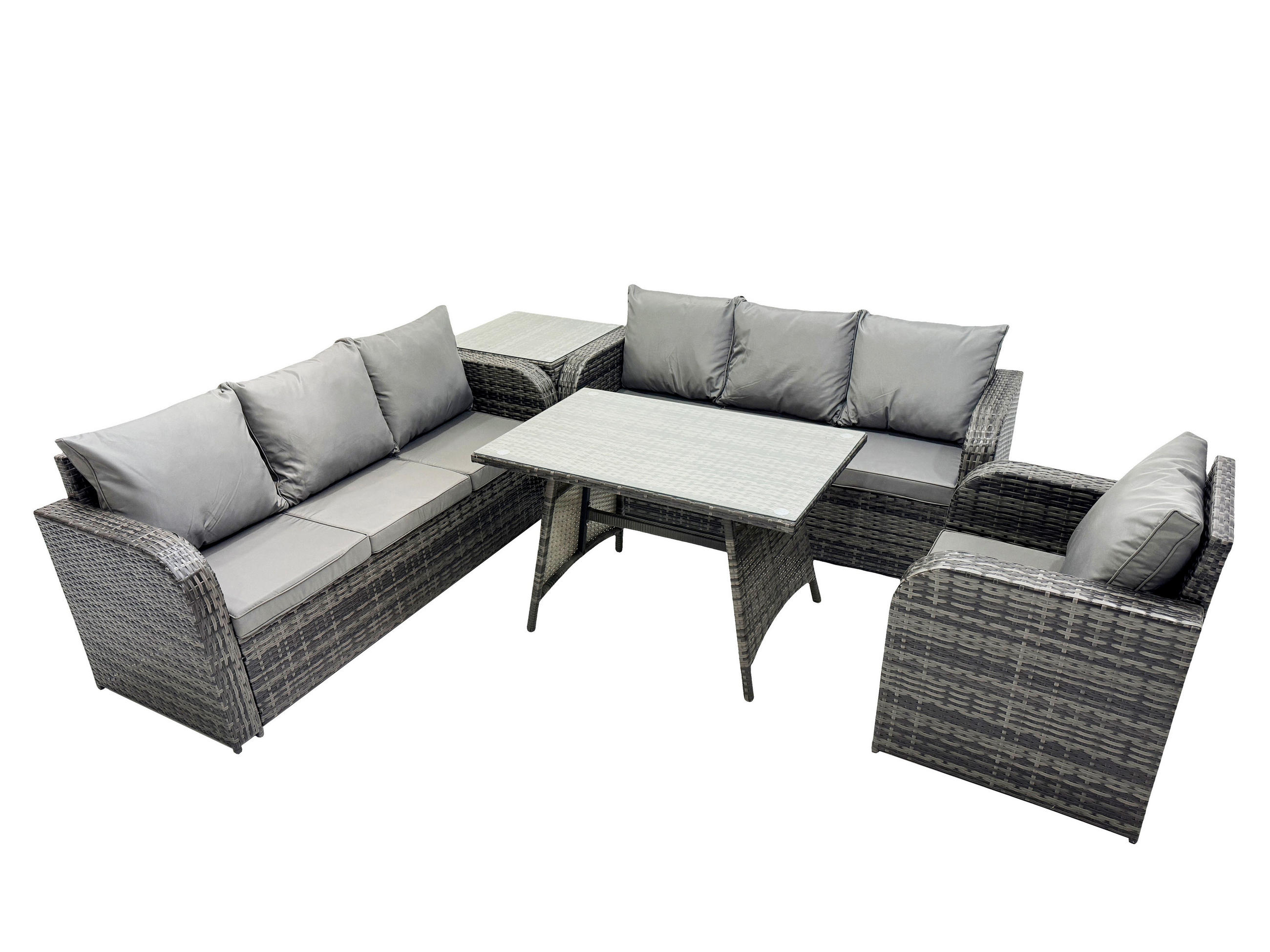 GARTENSET Hohe Rückenlehne Polyrattan 7-Sitzer - Dunkelgrau/Grau, Glas/Kunststoff - Fimous