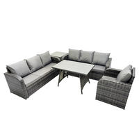GARTENSET Hohe Rückenlehne Polyrattan 7-Sitzer - Dunkelgrau/Grau, Glas/Kunststoff - Fimous
