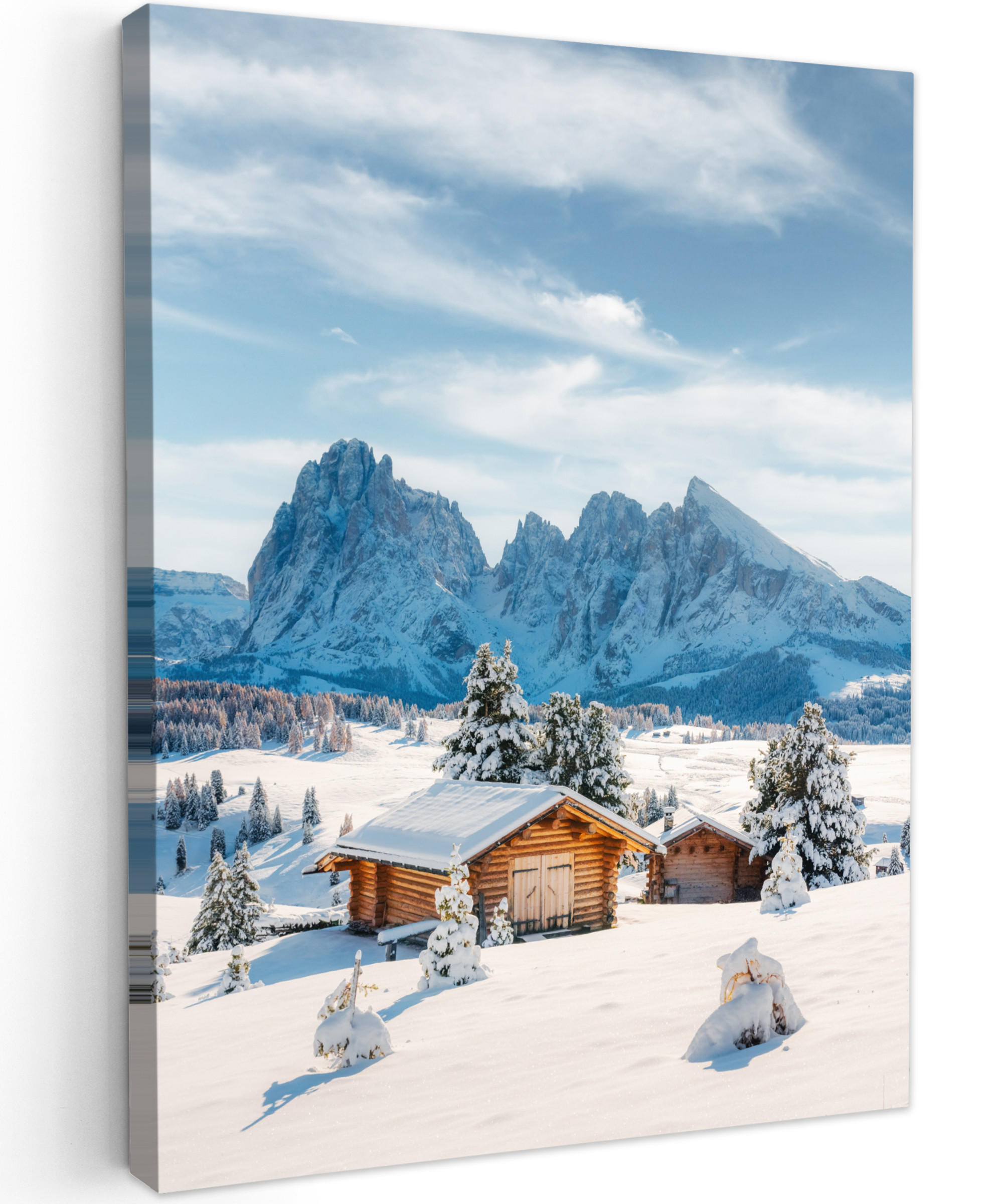 LEINWANDBILD Winter - Hütte - Berge - Aussicht - Schnee 60x80 cm - Eichefarben, Textil (60/80cm) - MuchoWow