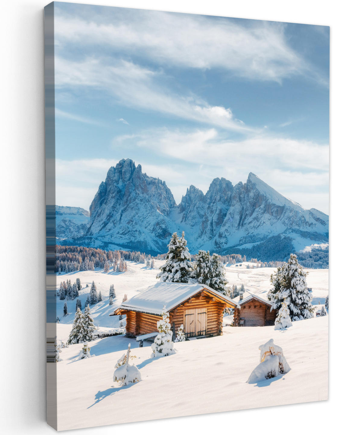 LEINWANDBILD Winter - Hütte - Berge - Aussicht - Schnee 60x80 cm - Eichefarben, Textil (60/80cm) - MuchoWow