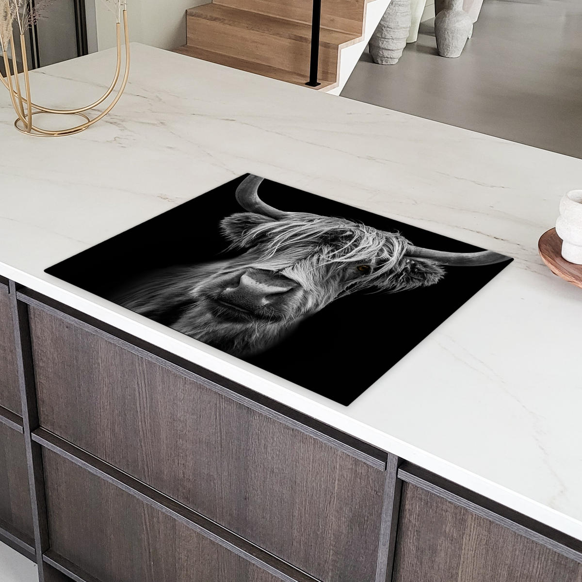 HERDABDECKPLATTE Schottischer Highlander - Hörner - Schwarz - Weiß - Kuh - Wild - Tiere Induktionsmatte 77x59 cm - Schwarz, Kunststoff (77/59/0.2cm) - MuchoWow