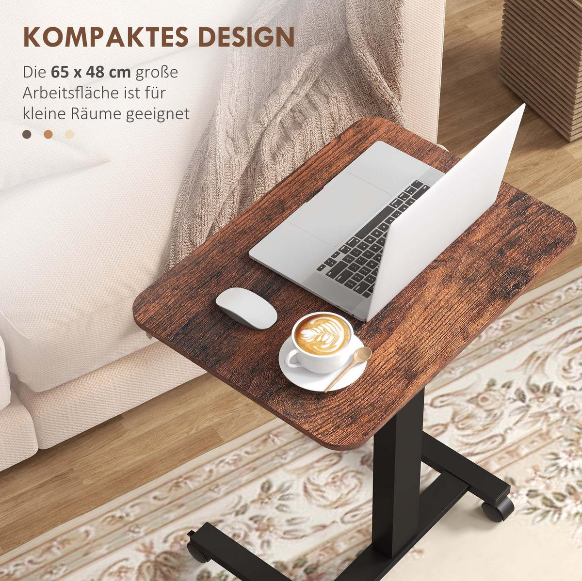 LAPTOPTISCH höhenverstellbar 65 x 48 x 68-108 cm Brown mit 4 Rollen - Braun, Holz (65/48/108cm) - Meubliv