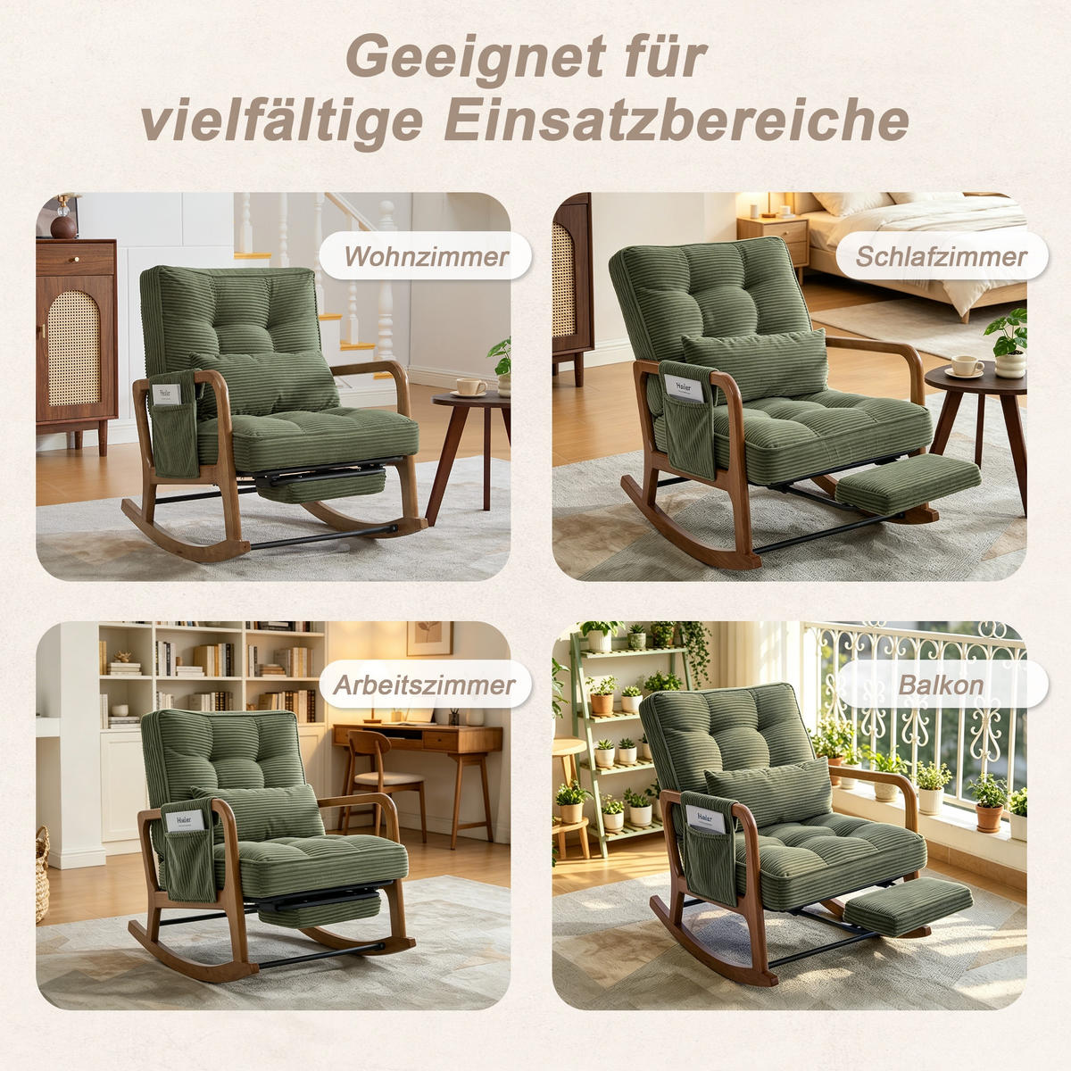 SCHAUKELSTUHL Grün Cord mit Fußstütze, Seitentaschen und verstellbarer Lehne - Grün, Textil (80/92/70cm) - Oxeza