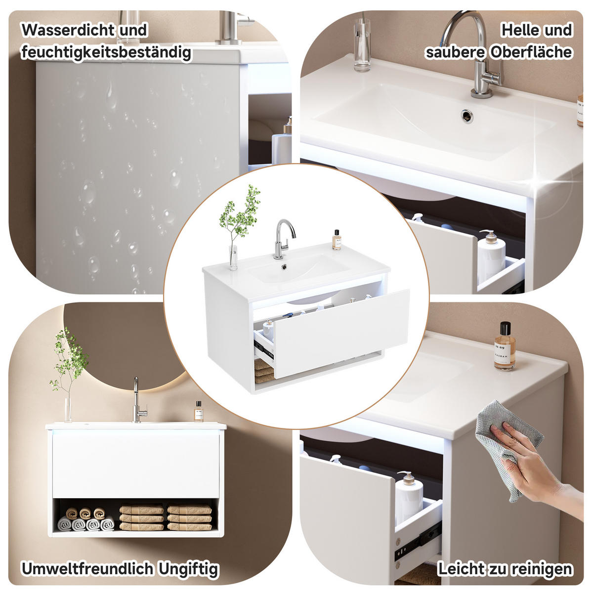 WASCHTISCHUNTERSCHRANK 76,5×46×45 cm, weiß, wandhängend, lackiert, mit LED-Bewegungssensor, 1 Schublade, offenem Fach, leisen Schienen, Waschbecken - Weiß, Holzwerkstoff (46/45/76cm) - Ej. Life