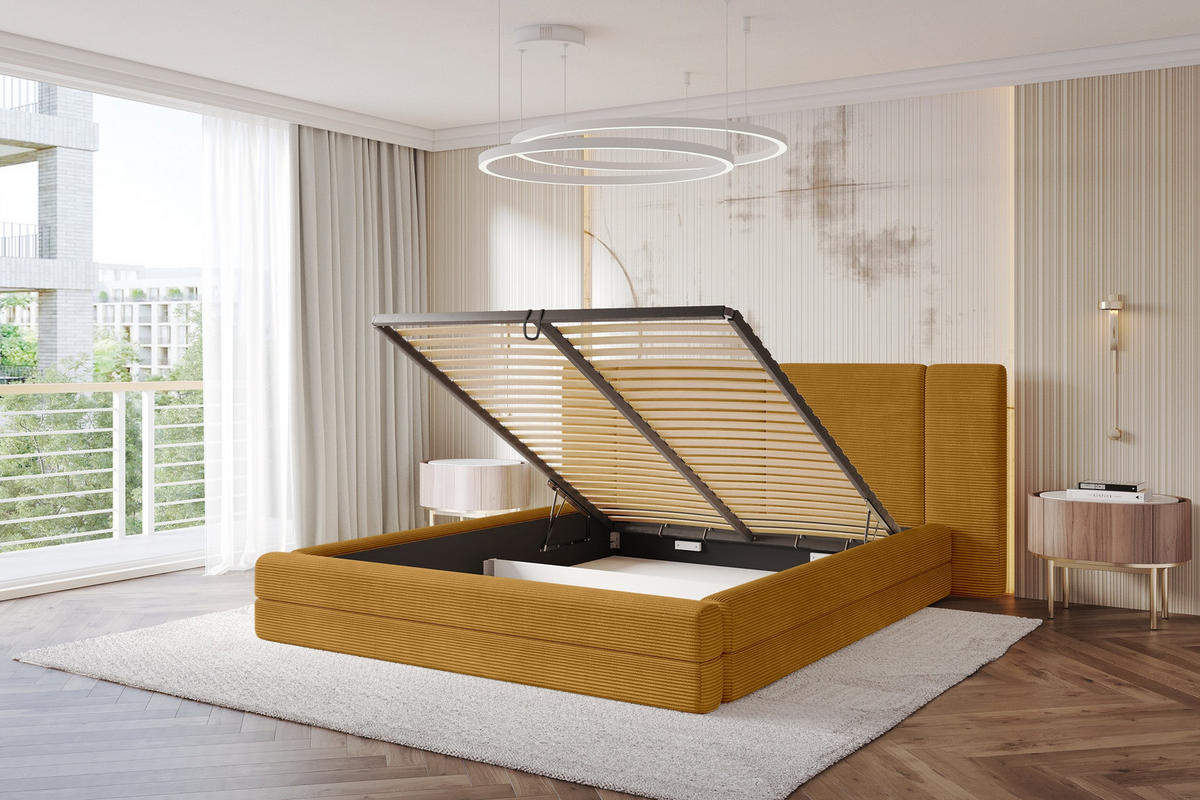 POLSTERBETT mit Bettkasten und Lattenrost, Bett mit Matratze H3/H4 - TEVO 200x200 Senfgelb - Gelb, Holzwerkstoff/Textil (200/200cm) - ALTDECOR