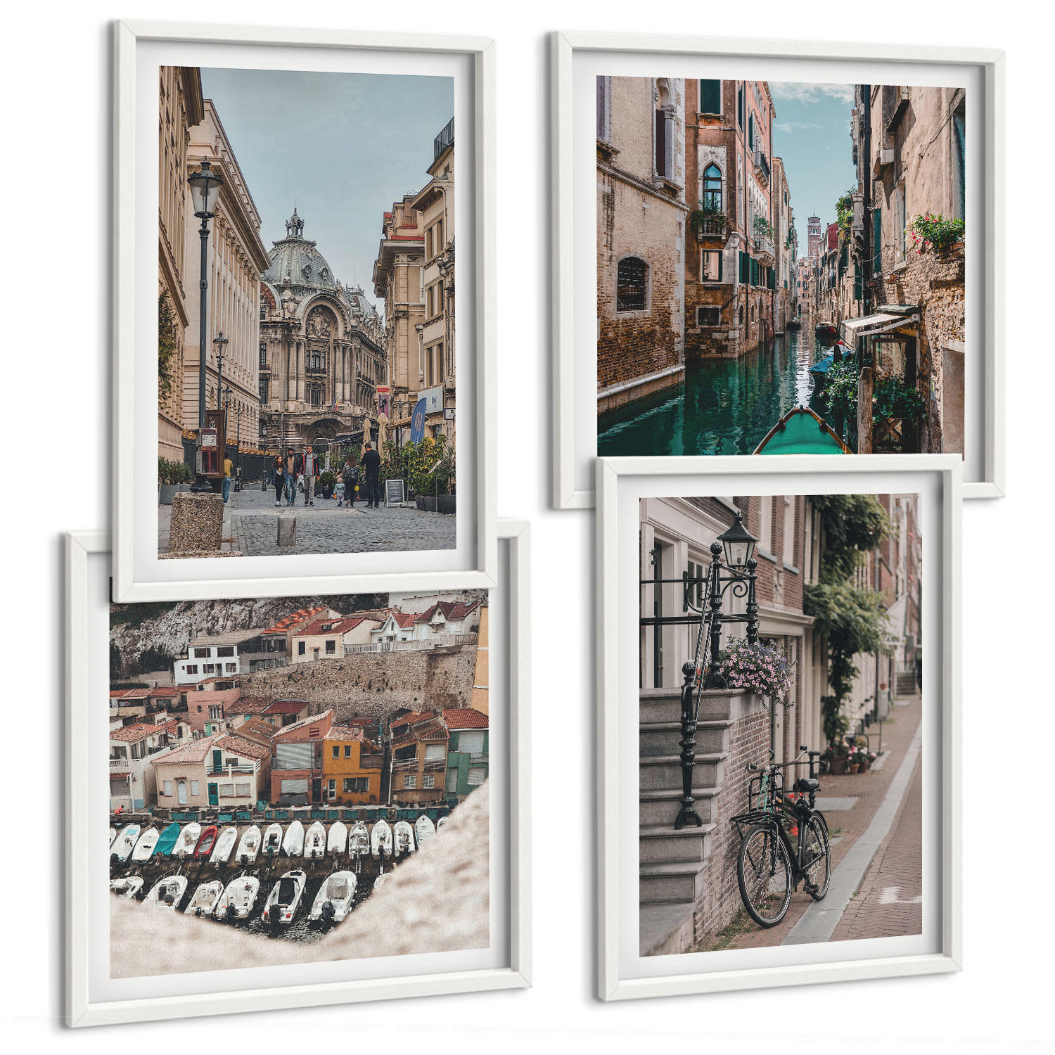 BILDER SET 4er Set - 50x50 cm & 40x60 cm Weißer Rahmen - Die charmanten Straßen der Hafenstädte - Weiß, Kunststoff (50/50cm) - TULUP