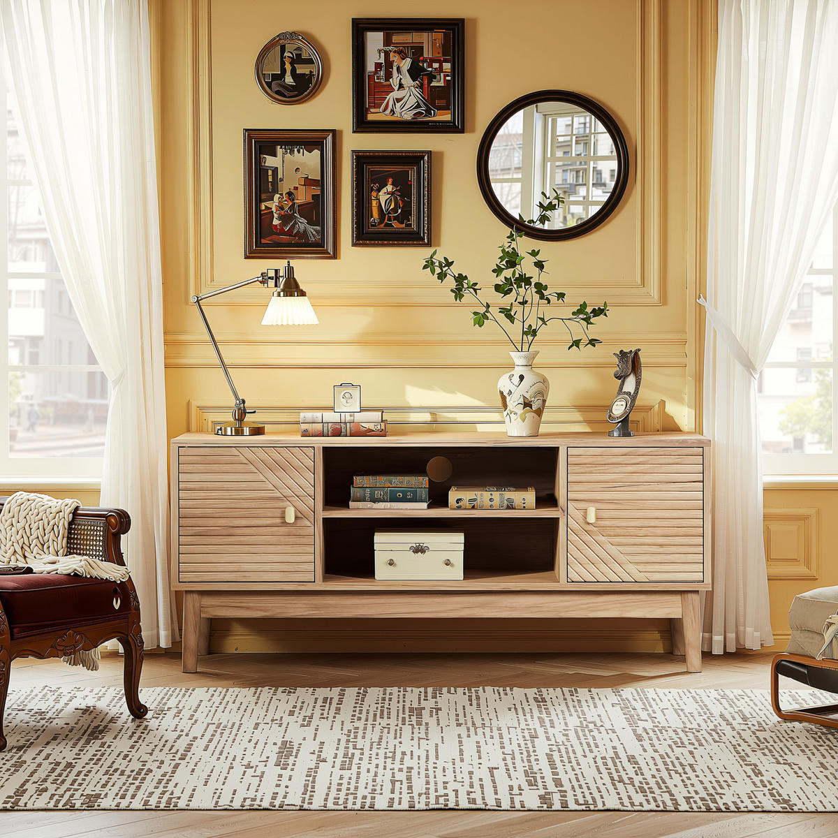 TV-SCHRANK 110 cm Eiche Natur mit 2 Türen, offenen Fächern & Kabelmanagement im Mid-Century-Stil - Eichefarben, Holzwerkstoff (110/48/40cm) - Urban Meuble