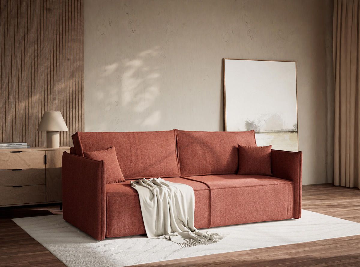 SOFA MIT SCHLAFFUNKTION Obra Korallenfarbe Webstoff - Koralle/Schwarz, Holz/Holzwerkstoff (220/70/107cm) - Maison de Reve