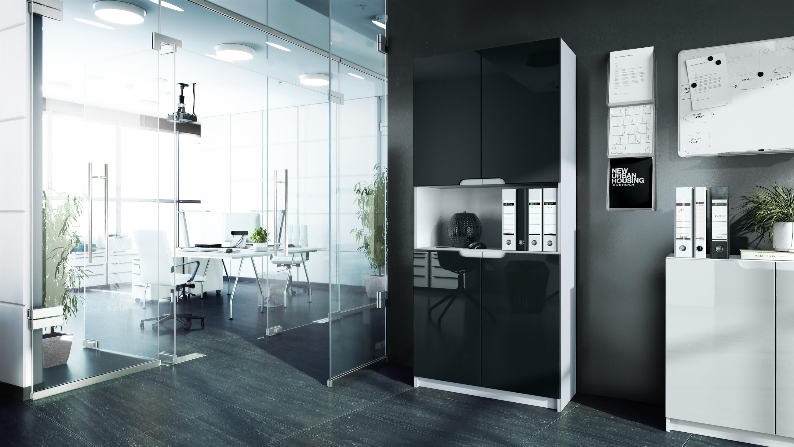 BÜROSCHRANK Logan Fronten in Schwarz Hochglanz - Schwarz Hochglanz, Holzwerkstoff (82/184/37cm) - Vladon