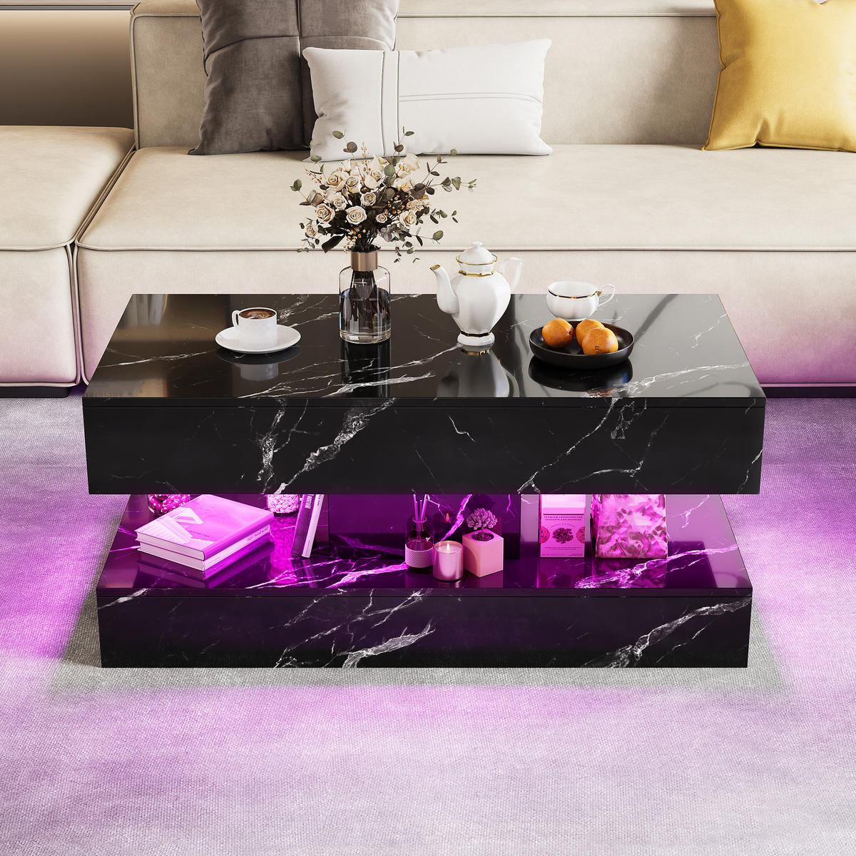 COUCHTISCH 100x50 cm Schwarz Hochglanz Marmoroptik mit LED-Beleuchtung & Schubladen - Schwarz, Holz (100/50/45cm) - SHOPENTRA