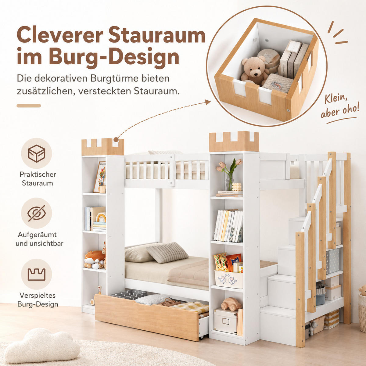 ETAGENBETT 90/200 cm mit Stauraumtreppe, DE-41823, in Weiß - Weiß, Holz (90/200cm) - ComfortXL