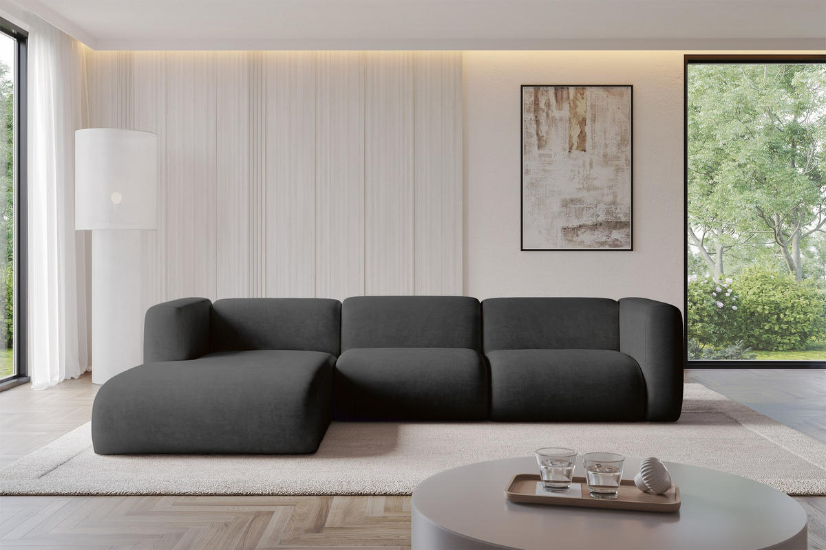 ECKSOFA Ottomane Links MIRA-L2 318x179x89 Schwarz Velours - Anthrazit/Schwarz, Holzwerkstoff/Kunststoff (318/179cm) - ALTDECOR