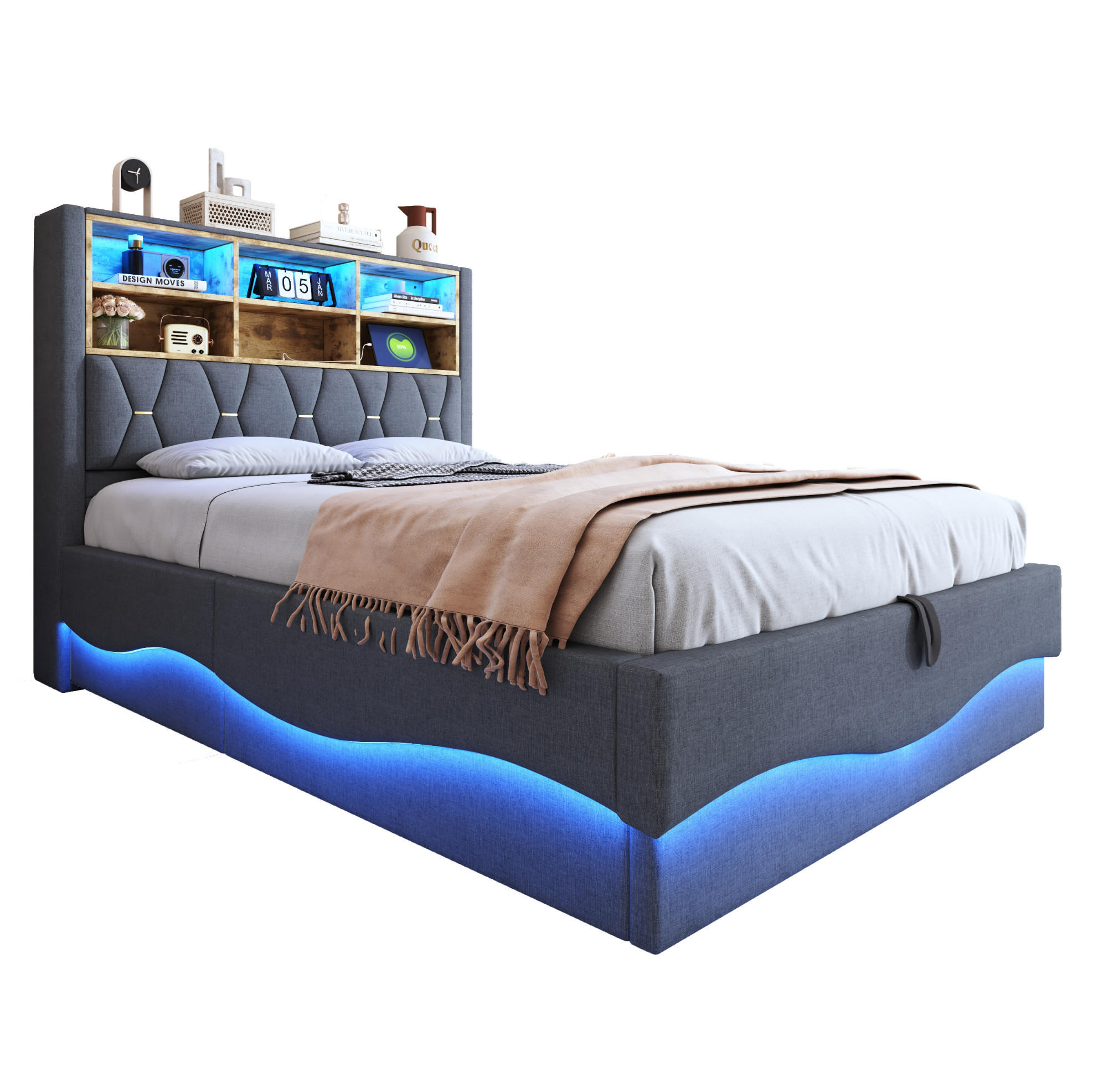 POLSTERBETT 140/200 cm Grau aus Leinen mit LED-Beleuchtung und Stauraum - Grau, Metall (140/200cm) - OKMYHOME