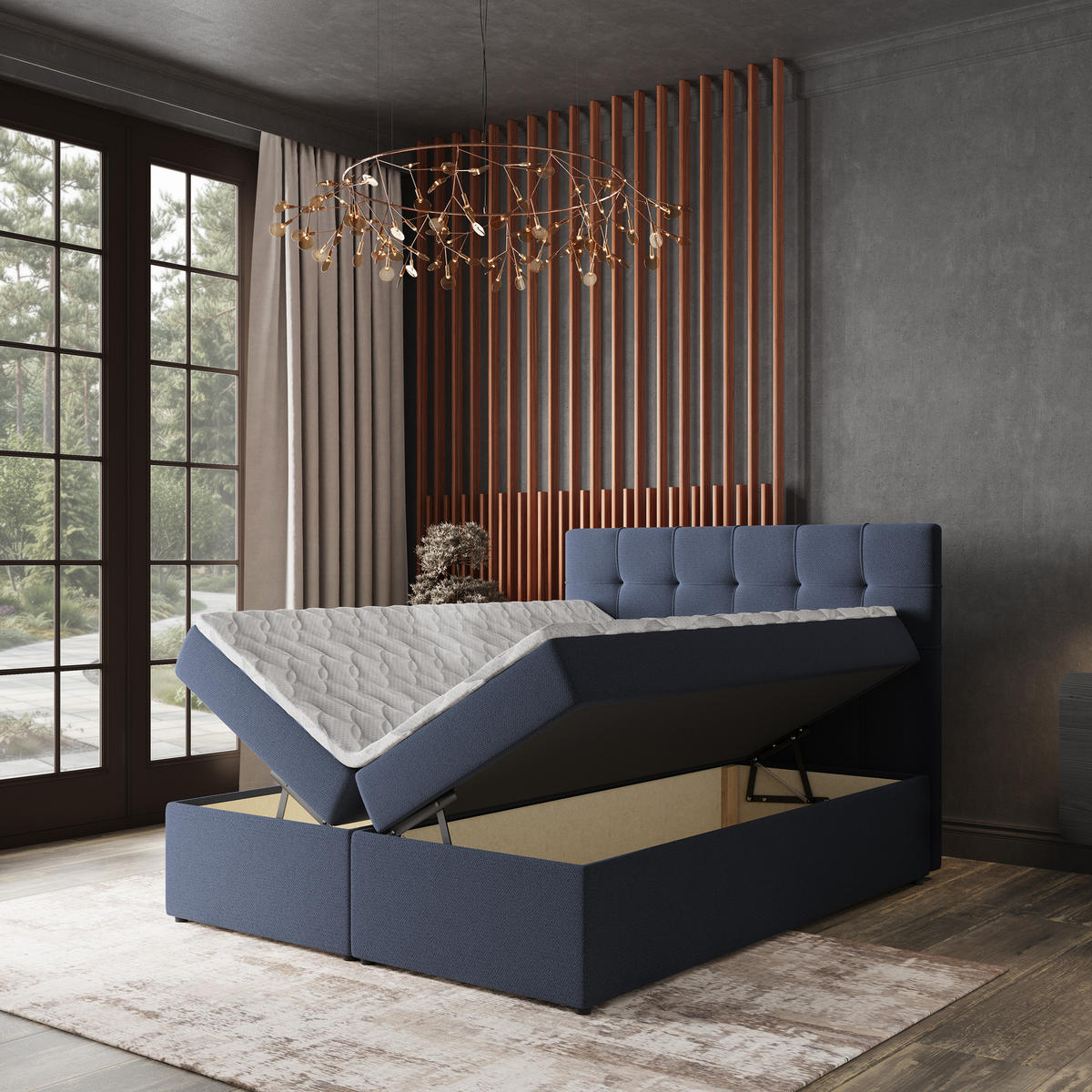 BOXBETT PALMA 140x200 cm mit Matratze und Topper, H2+H3 - Blau - Blau, Holz (140/200cm) - MASSENO