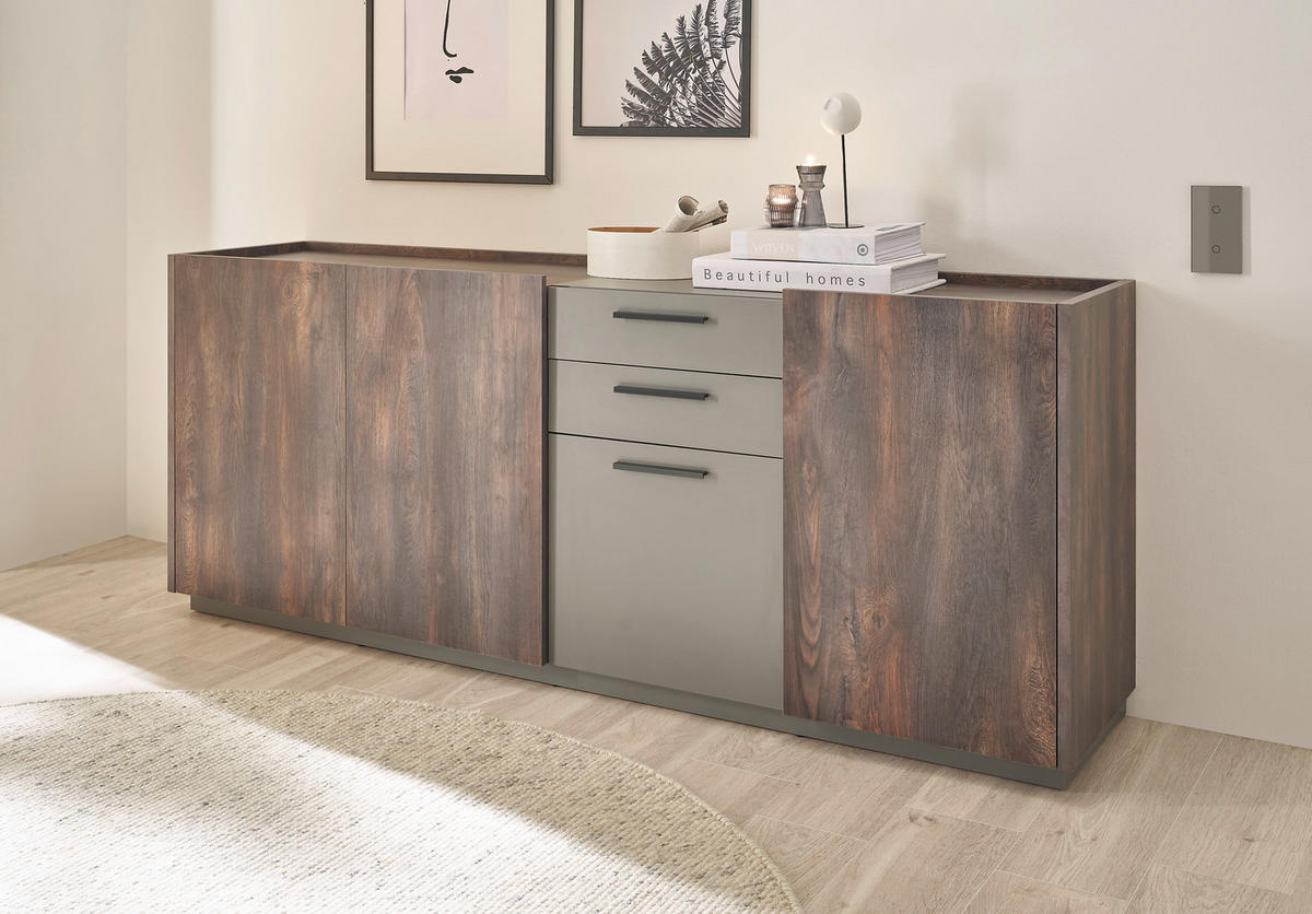 SIDEBOARD M18 Thermo Oak & Anthrazit 200/80/45 cm breit - Graubraun, Holzwerkstoff (200/80/45cm) - Livojo