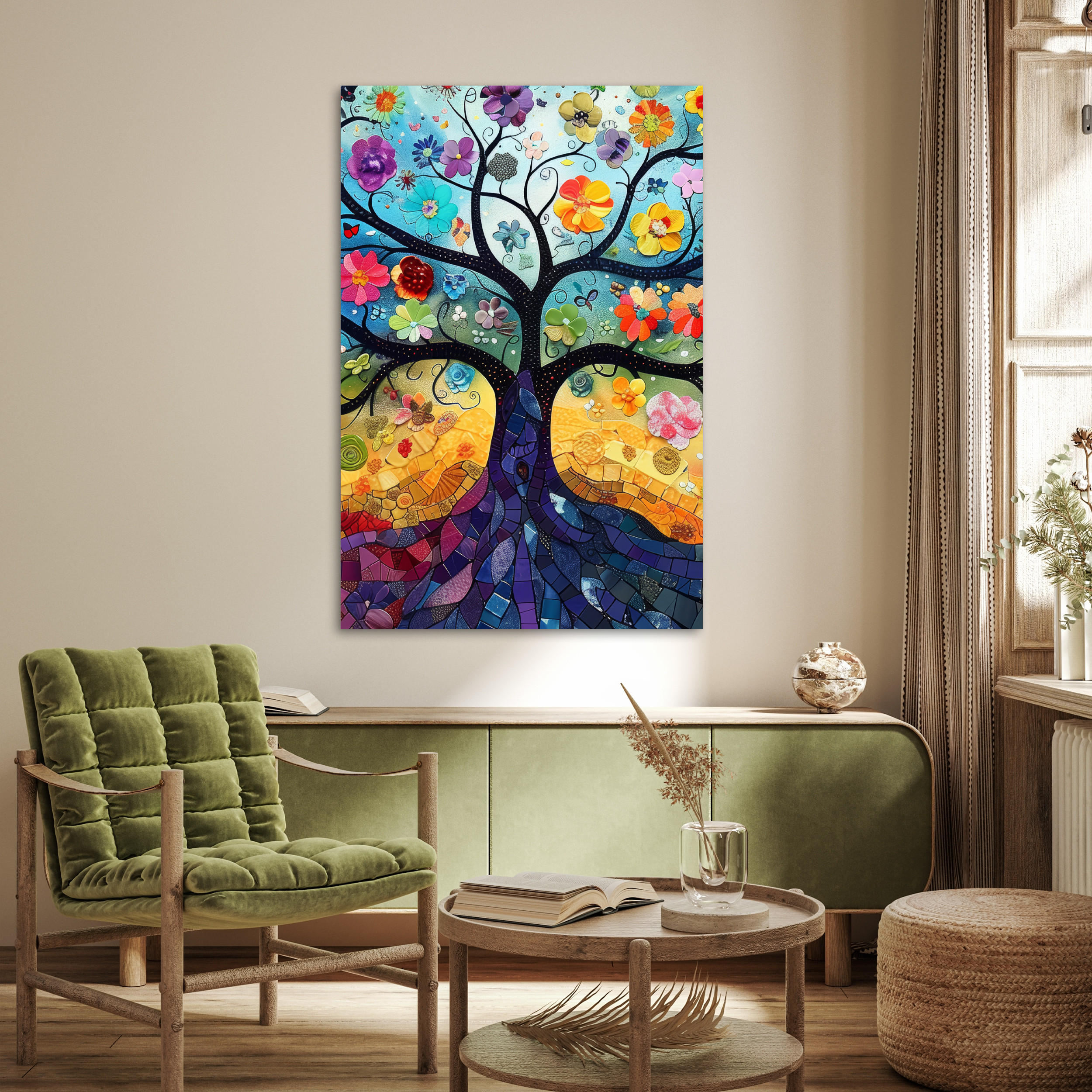 POSTER Kunst - Baum des Lebens - Blumen - Hippie 80x120 cm - Dunkelblau, Papier (80/120/0.1cm) - MuchoWow