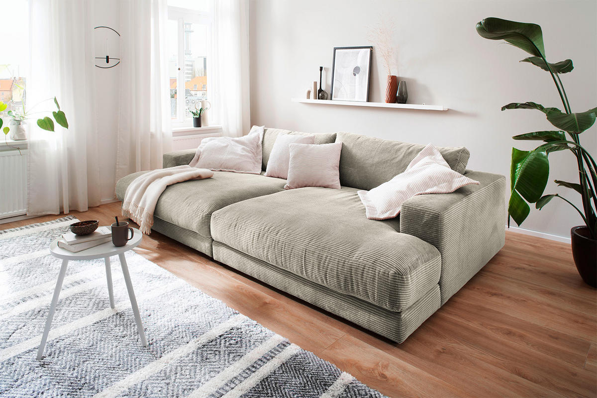 BIG SOFA XL MADELINE Steingrau Cord - Greige/Schwarz, Kunststoff/Textil (290/85/190cm) - KAWOLA