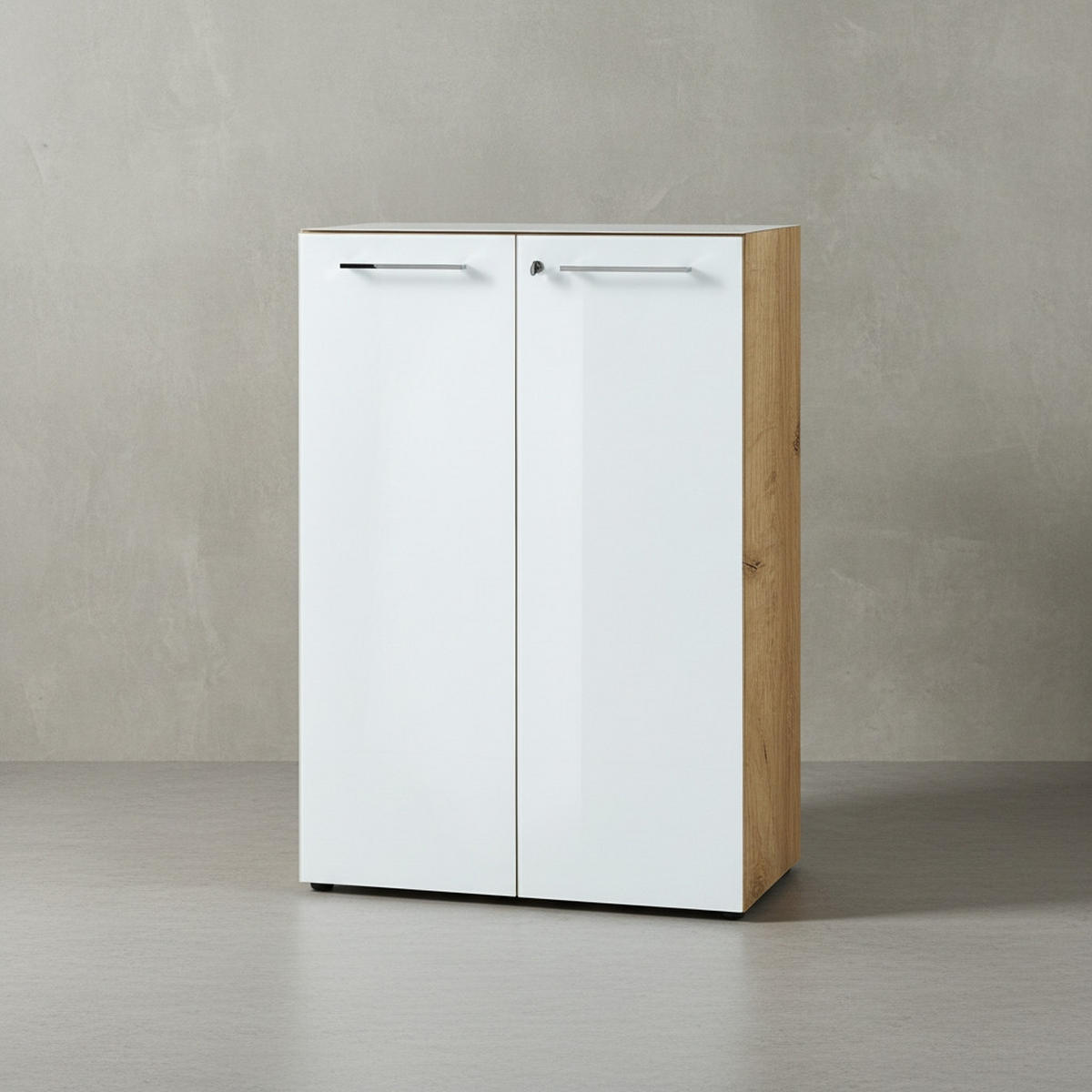 BÜRO-SET MUENCHEN 3-teilig | 2 Kommode x Regal | Glas Front & Abschließbar | Chalet-Eiche-Nb./Weiß - Weiß, Holzwerkstoff/Metall (240/120/37cm) - KADIMA DESIGN