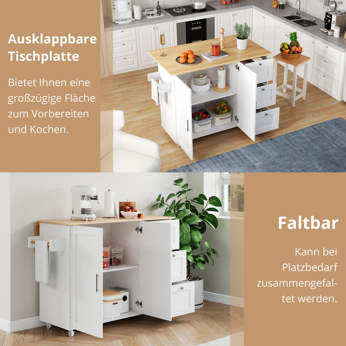 KÜCHENINSEL 135/44(70)/90 cm aus MDF mit klappbarer Arbeitsplatte und Rollen Weiß/Natur - Weiß, Holzwerkstoff (135/90/44cm) - Modenvie