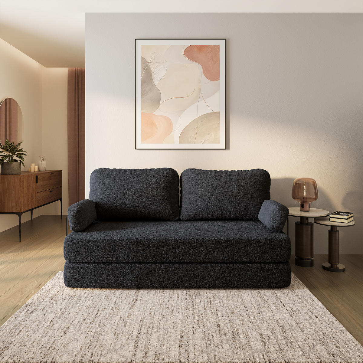 BETTSOFA NIKSI aus Schaumstoff Bucle-Stoff Schwarz Schlaffunktion - Schwarz, Textil (170/86/80cm) - MASSENO