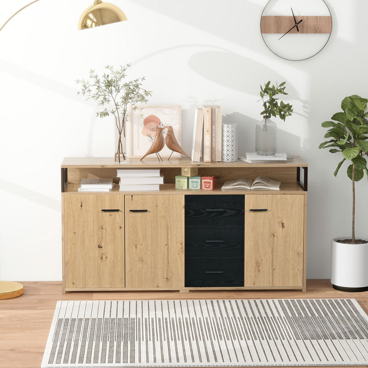 SIDEBOARD mit 3 Türen und 3 Schubladen, verstellbare Einlegeböden, 150/35/75,9 cm, Schwarz/Holzoptik - Naturfarben, Holzwerkstoff (150/75.9/35cm) - Redom