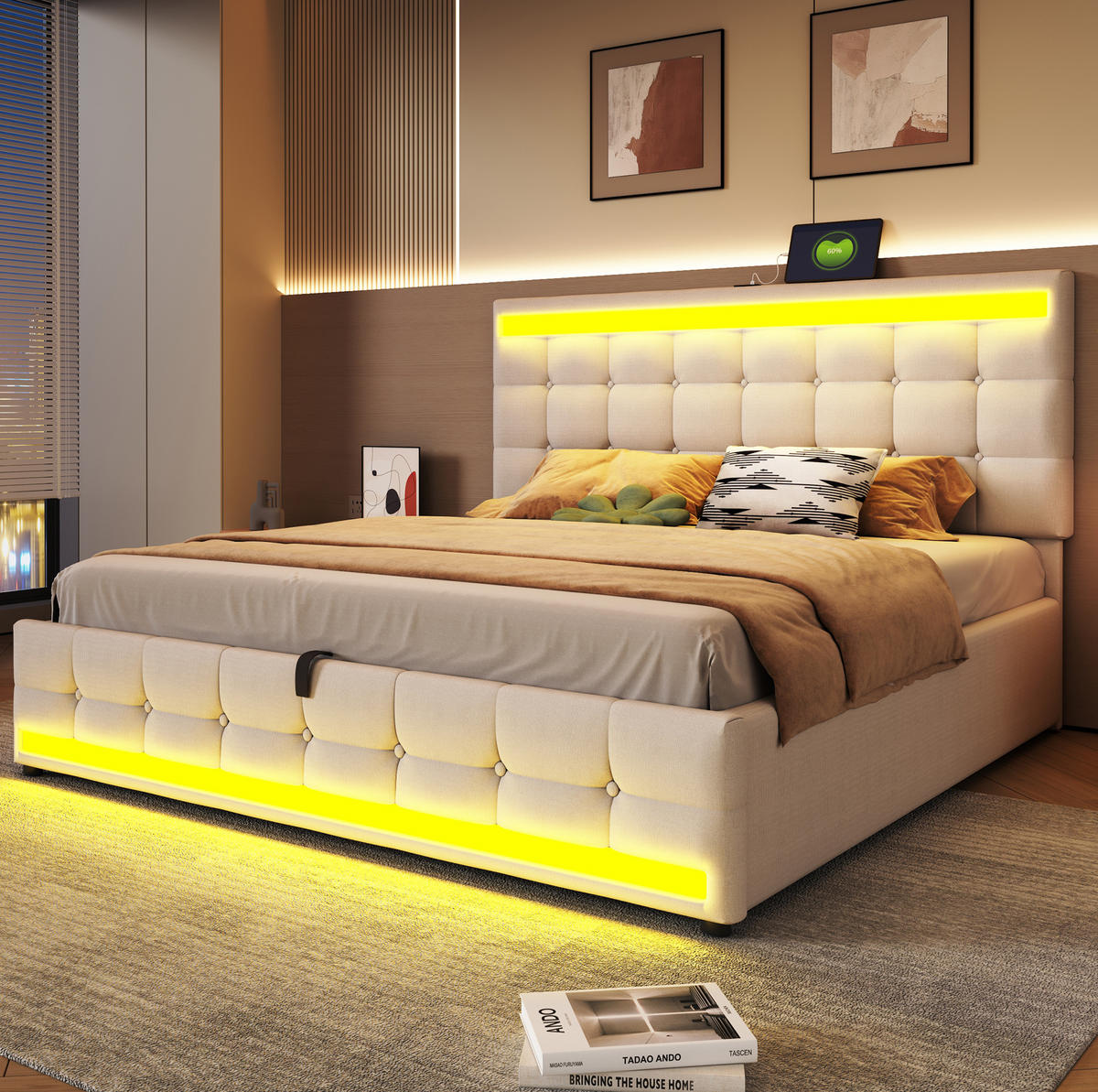 POLSTERBETT 180/200 cm Beige mit LED-Beleuchtung und USB-Anschlüssen - Beige, Textil (180/200cm) - OKWISH