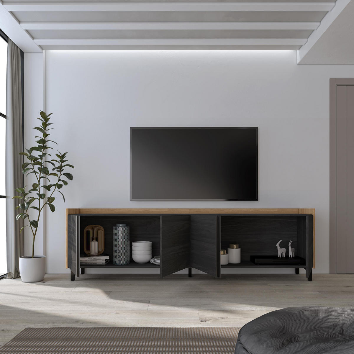 LOWBOARD, Schwarz und Eiche, 207/35/61cm, mit Beinen - Schwarz, Holzwerkstoff (207/61/35cm) - Skraut Home