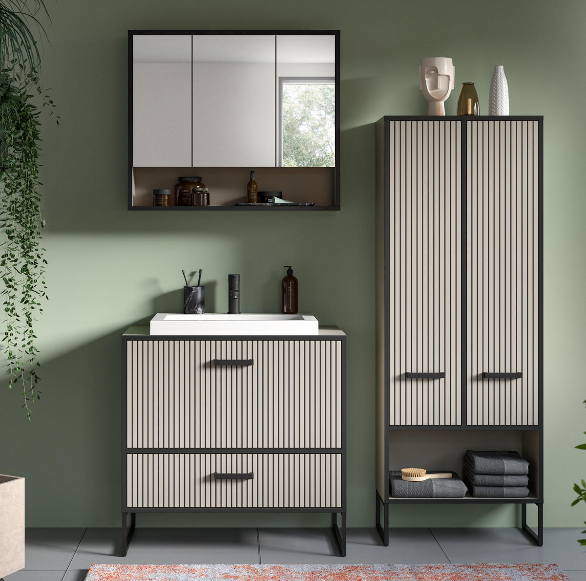 BADMÖBEL-SET schwarz, sand mit Waschbecken 154 cm, Kombination mit Soft-Close - Sandfarben/Schwarz, Glas/Keramik (154/192/48cm) - Inn.Furn