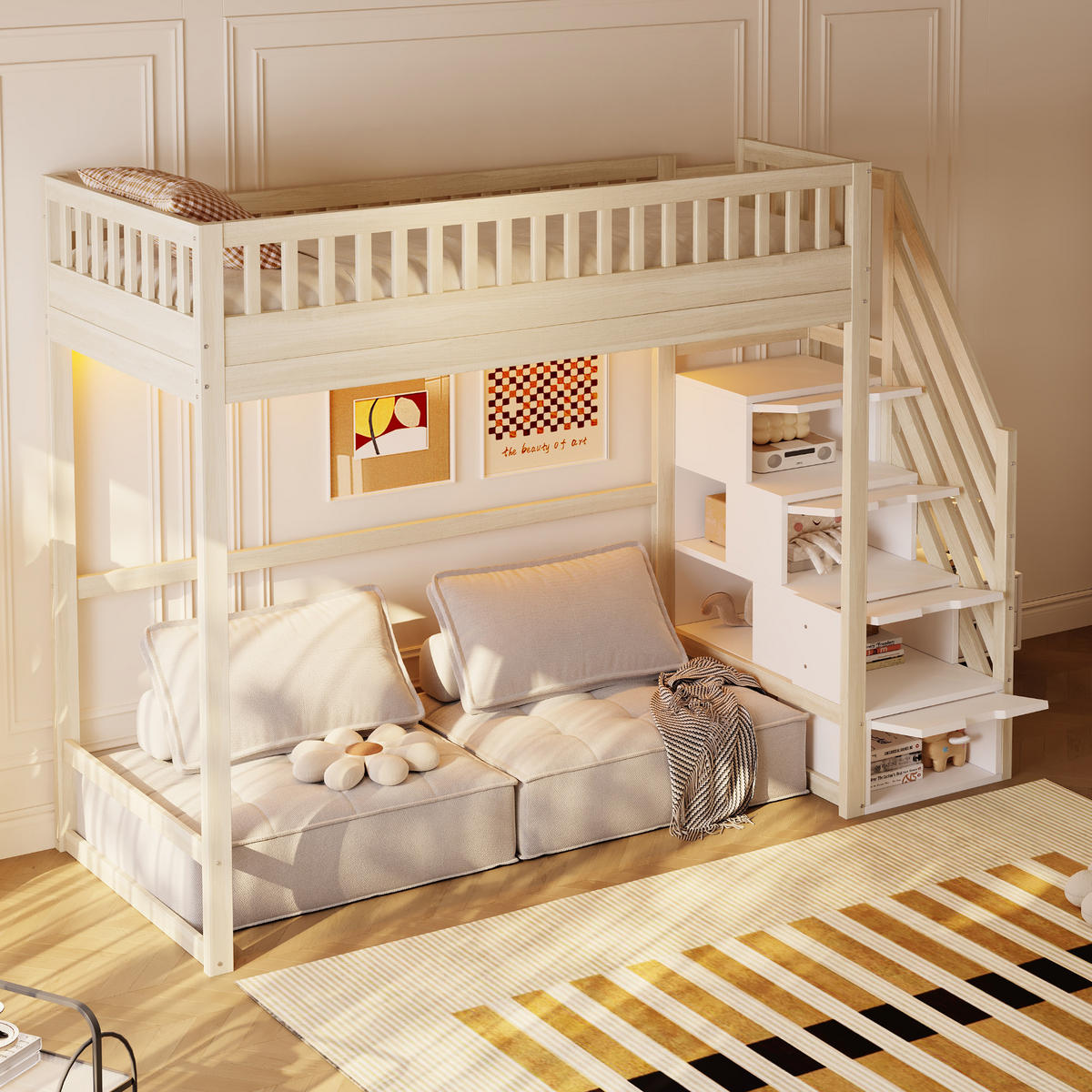 HOCHBETT 90/200 cm in Natur mit Stauraumtreppe und LED Holz Kinderbett - Naturfarben, Holzwerkstoff (90/200cm) - STILVORA