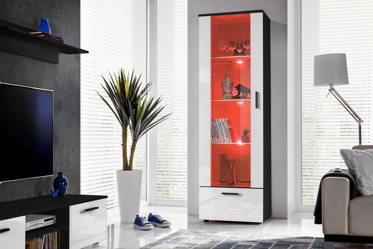 VITRINE ALESSANDRIA, Weiss, LED Mehrfarbige - Schwarz/Weiß, Glas/Holzwerkstoff (60/192/42cm) - Komodee