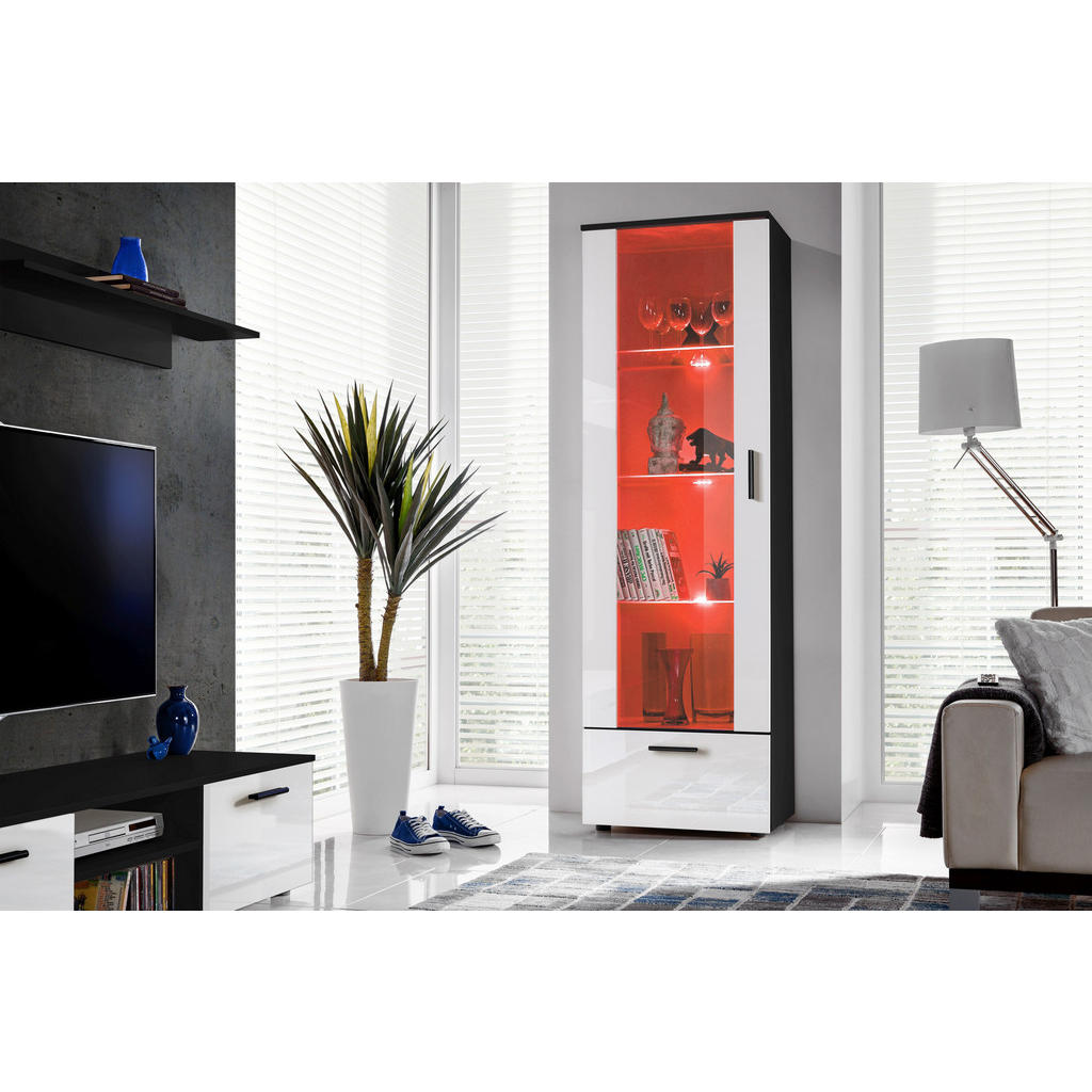 Thumbnail - Komodee Vitrine, Schwarz, Weiß, Glas, Uni, 3 Fächer, Rechteckig, 60x192x42 cm, Wohnzimmer, Wohnwände, Vitrinenschränke