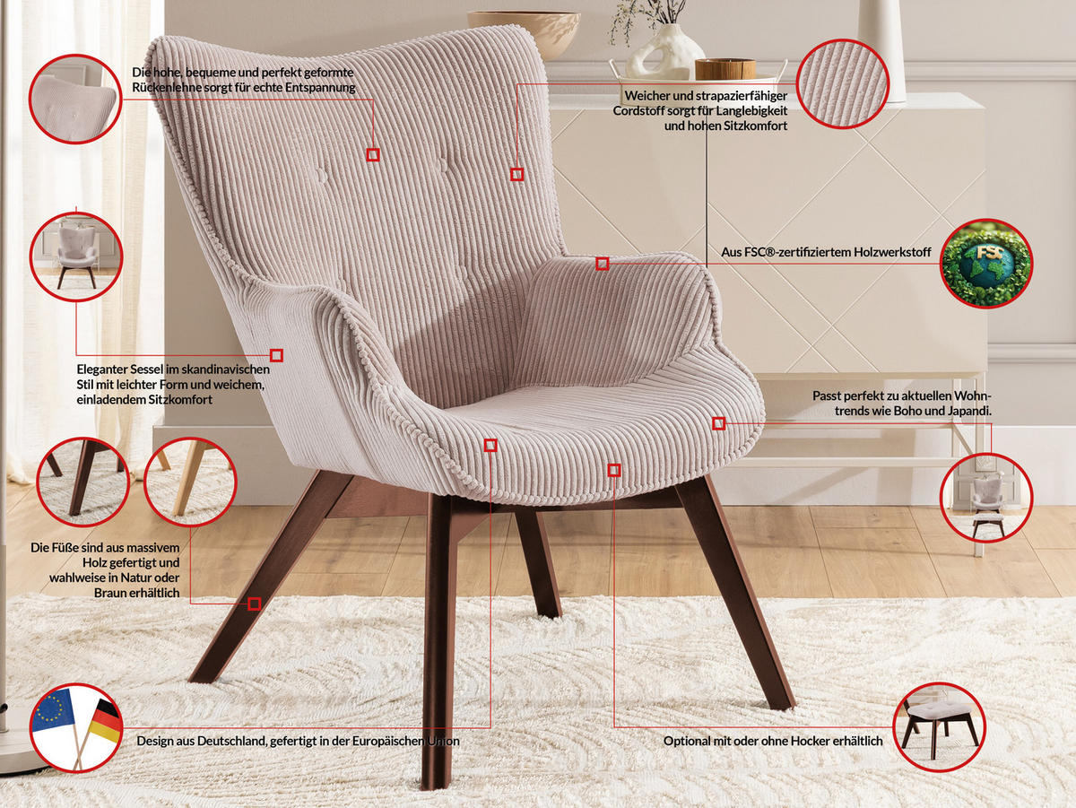 LOUNGESESSEL Lenari Puderrosa Cordstoff mit Füßen in Braun - Hellrosa/Braun, Holz/Textil (71/96/86cm) - S-Style Möbel