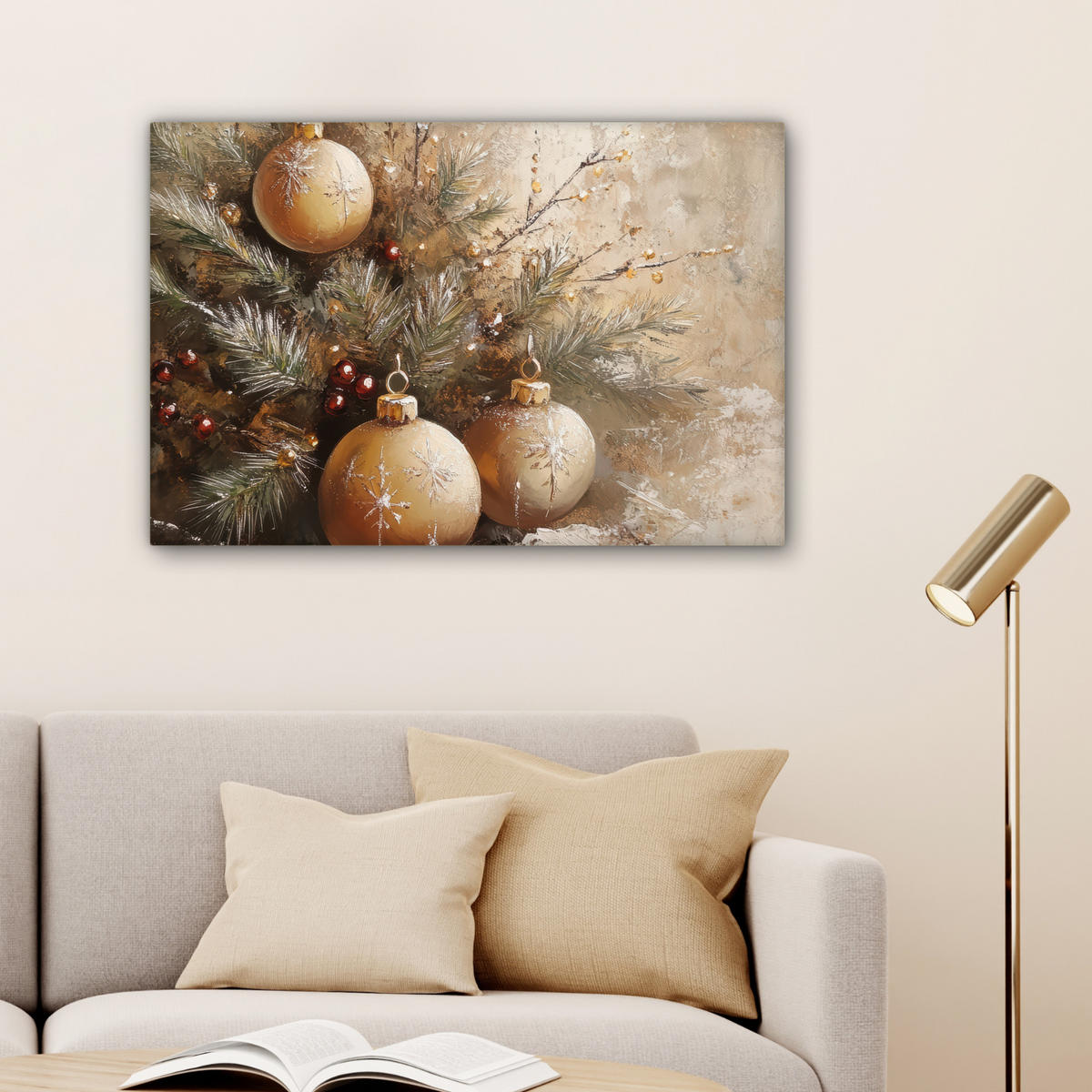 LEINWANDBILD Weihnachten - Kugeln - Beige - Gold Wanddeko 90x60 cm - Goldfarben, Textil (90/60cm) - MuchoWow